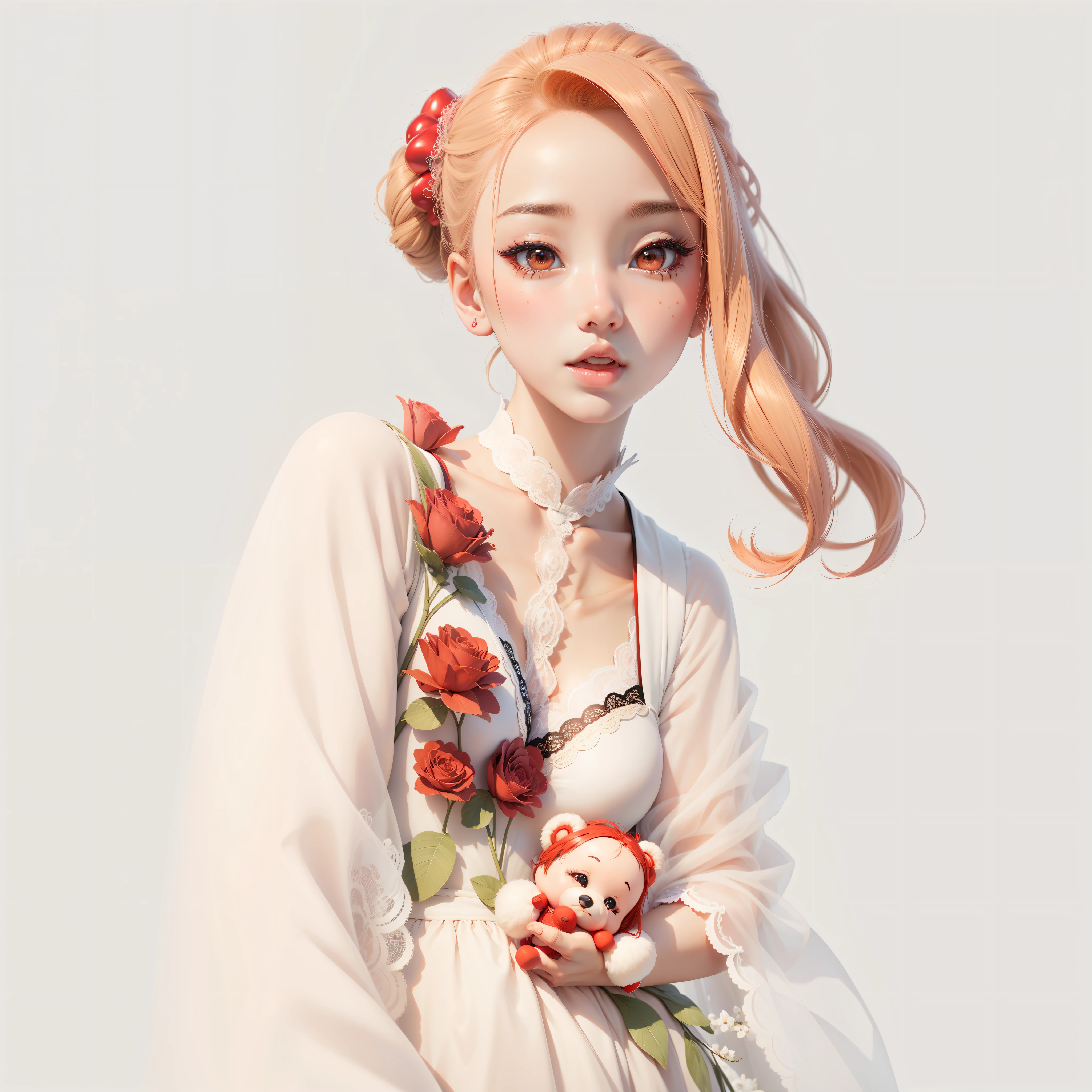 Kaiqi Xue realistic cute anime style lace Disney style 3D red clothing sexy gradient background color big breasts holding doll bear beauty mole tulle