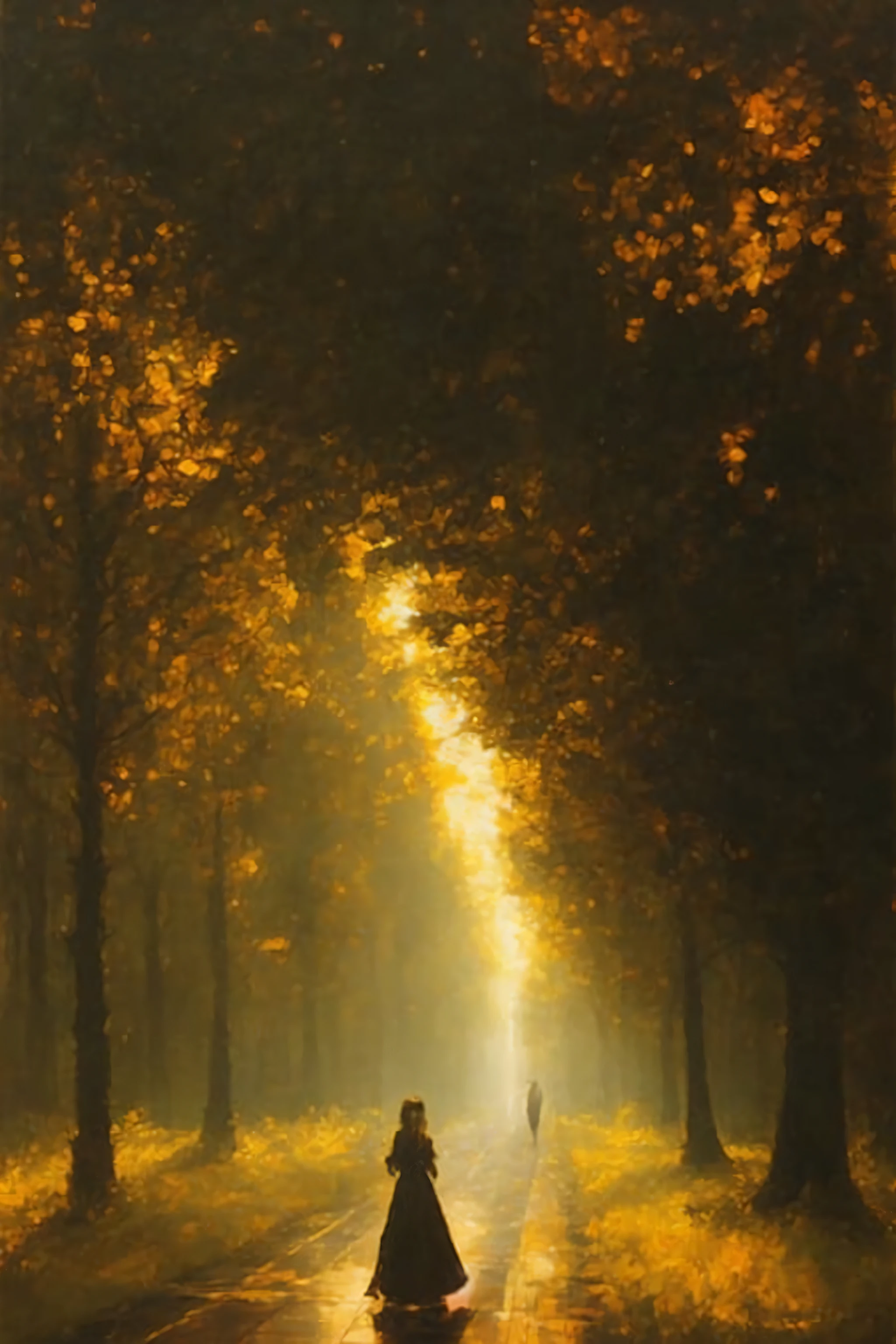 gothic painting of an otherworldly woman with striking yellow eyes, (((golden blonde flowing hair))), luminous skin, wearing a flowing yellow gown adorned with cryptic symbols and patterns, in a modern urban setting, city park at dusk, eerie and surreal atmosphere, city skyline in the background, twisted trees, shadowy figures, path that seems to lead into an impossibly distorted version of the city, long flowing hair, amazing body, pronounced feminine feature, perfect face, amazingly detailed facial features, surrealism, lovecraftian, expressionism, abstract, rfktr, rfktrstyle