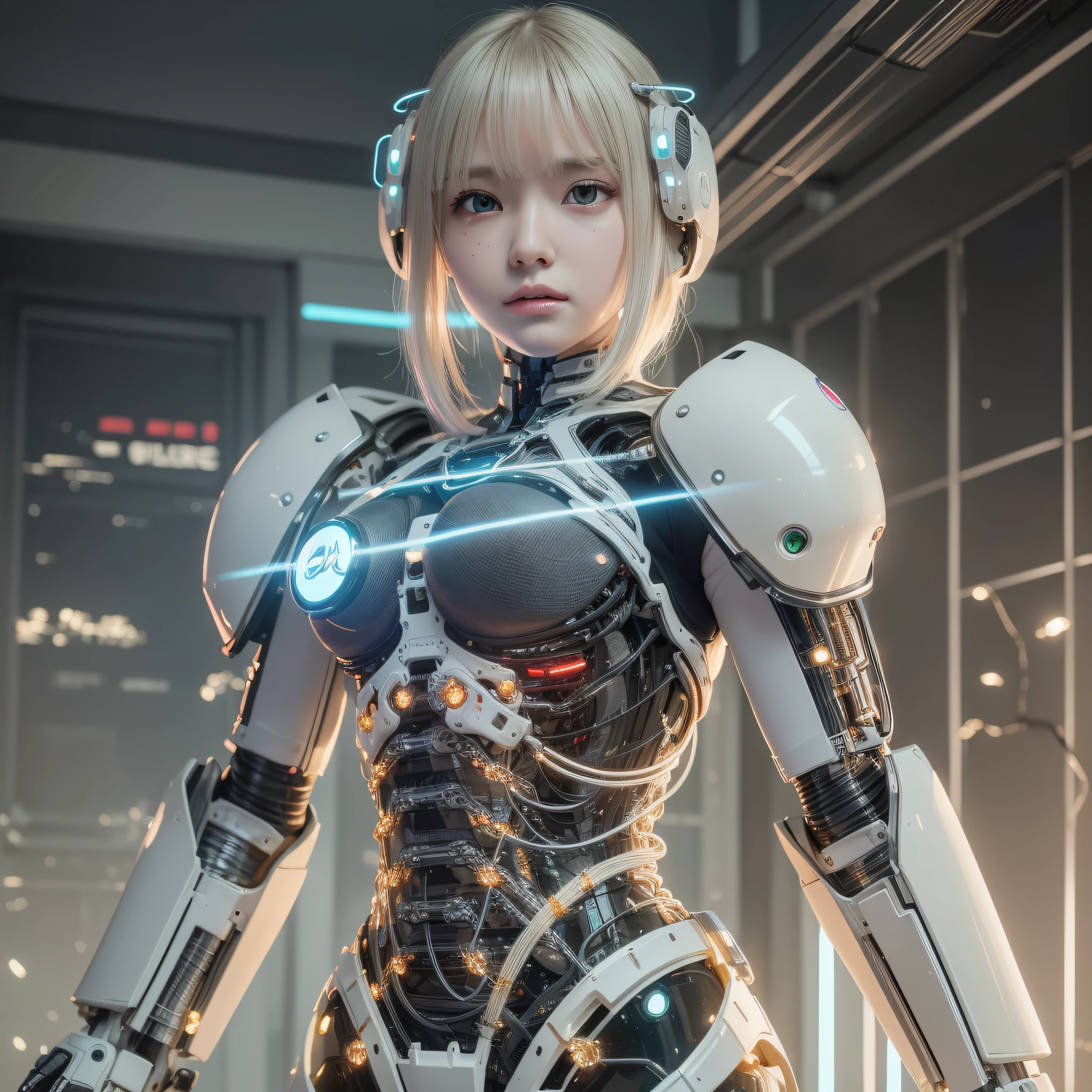 Wears complex bioluminescent mechanical cyborg armor made of 1mechanical_girl (old plastic in white beige), ((Ultra-realistic details)), detailed_face, global_illumination, shadow, octane_render, 8k, ultra_sharp, metal, ornaments_ detailed、cold_colors、egypician_detail、highly_intricate_details、realistic_light、trending_on_cgsociety、glowing_eyes、facing_camera、neon_details、machanical_limbs、blood_ vessels_connected_to_tubes ((lot_wires_and_cables_connecting_to_head_and_body)), killing_machine, extremely_sexy, lust,,whole body,