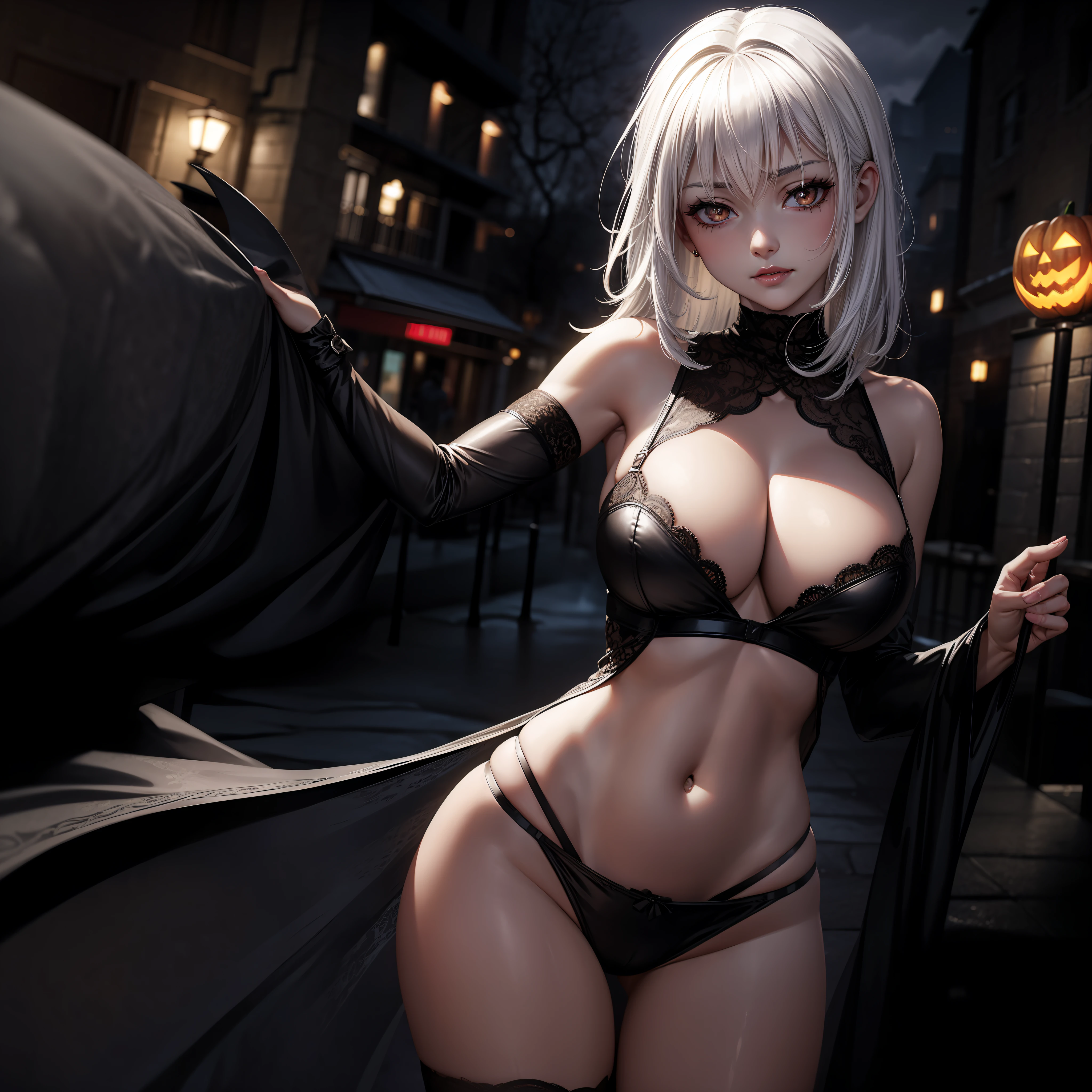 "Beautiful young woman with white hair and brown eyes in a sexy underwear, Halloween night, dark, wet, wet breasts."