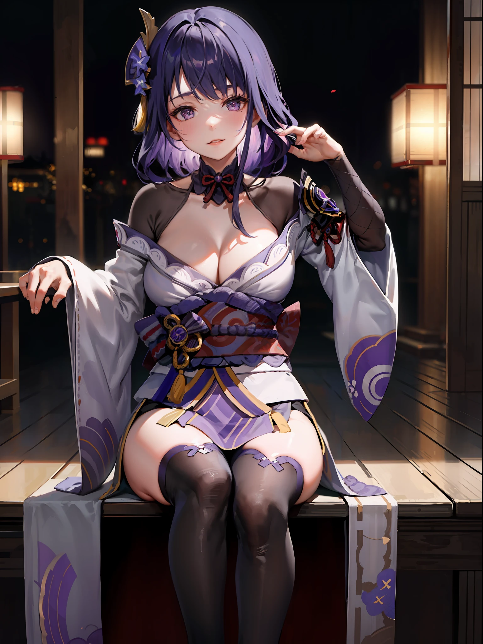 best quality,t shogun raiden sitting,cross-legged,extremely sexy,dojo scenery