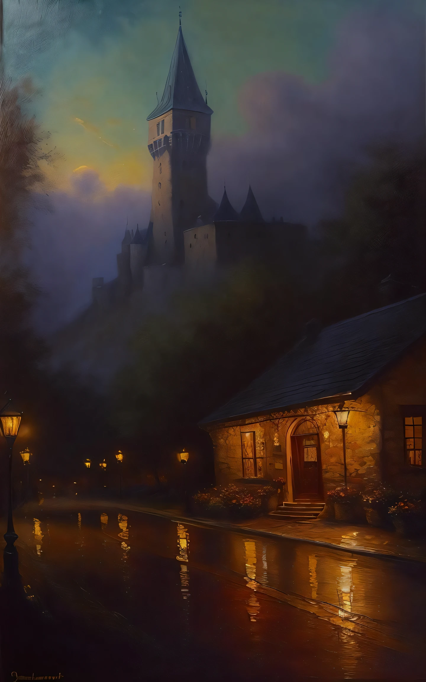 (distant view:1.3),(award-winning oil painting:1.3), (8k, oil painting, best quality:1.3), (realistic, oil-painting:1.1), A gorgeous and intricate castle in Cozy bakery, fresh pastries, warm aroma, inviting, charming, Portait of a (outdoors landscape:1.5), Rembrandt style