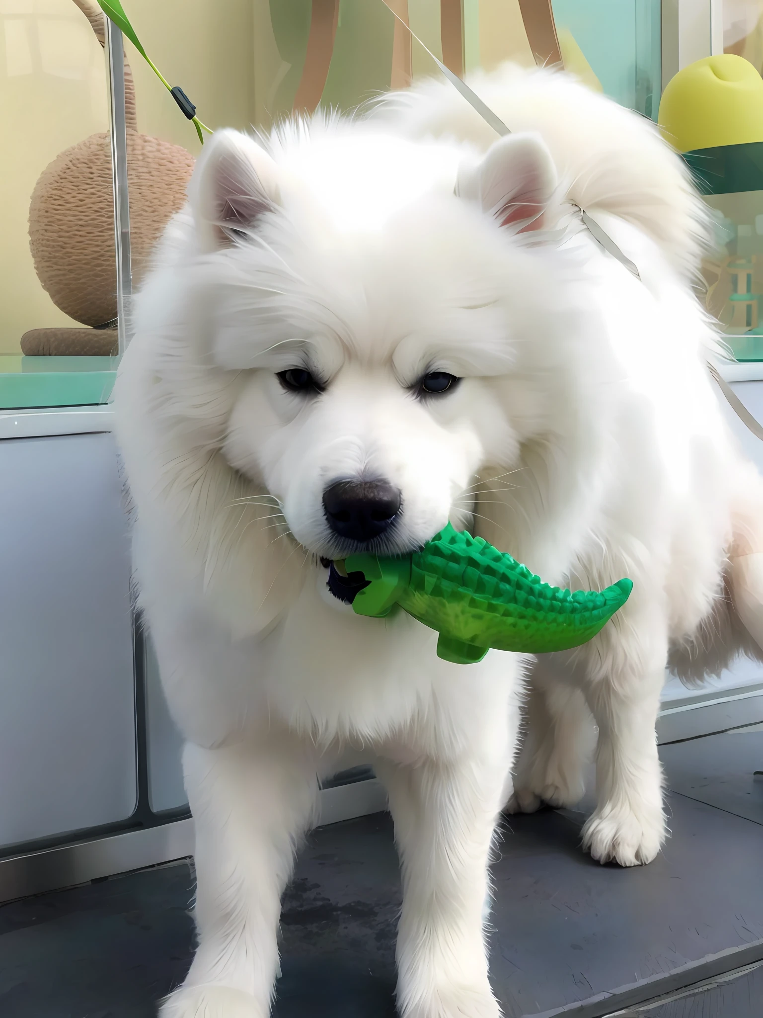 There is a white dog holding a green toy in its mouth, Crocodile Loki, Samoyed dog wearing robot armor, cute toy, furry green belly, white muzzle, dog, [ realistic photo ]!!, nails, chewing, pet animal, cute dog, japanese dog, plush toy, toy, play, keda fuze wife, shigami chigami