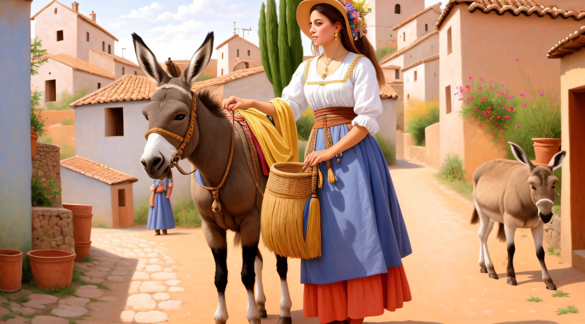 painting of a woman with a donkey in a village, by Eugenio de Arriba, beautiful image, by Antonio Ciseri, realistic spanish woman painting, 🤠 using a 🖥, by Francisco Zúñiga, by Carlos Enríquez Gómez, by Francisco de Holanda, by Juan O'Gorman, by Cristofano Allori, donkey