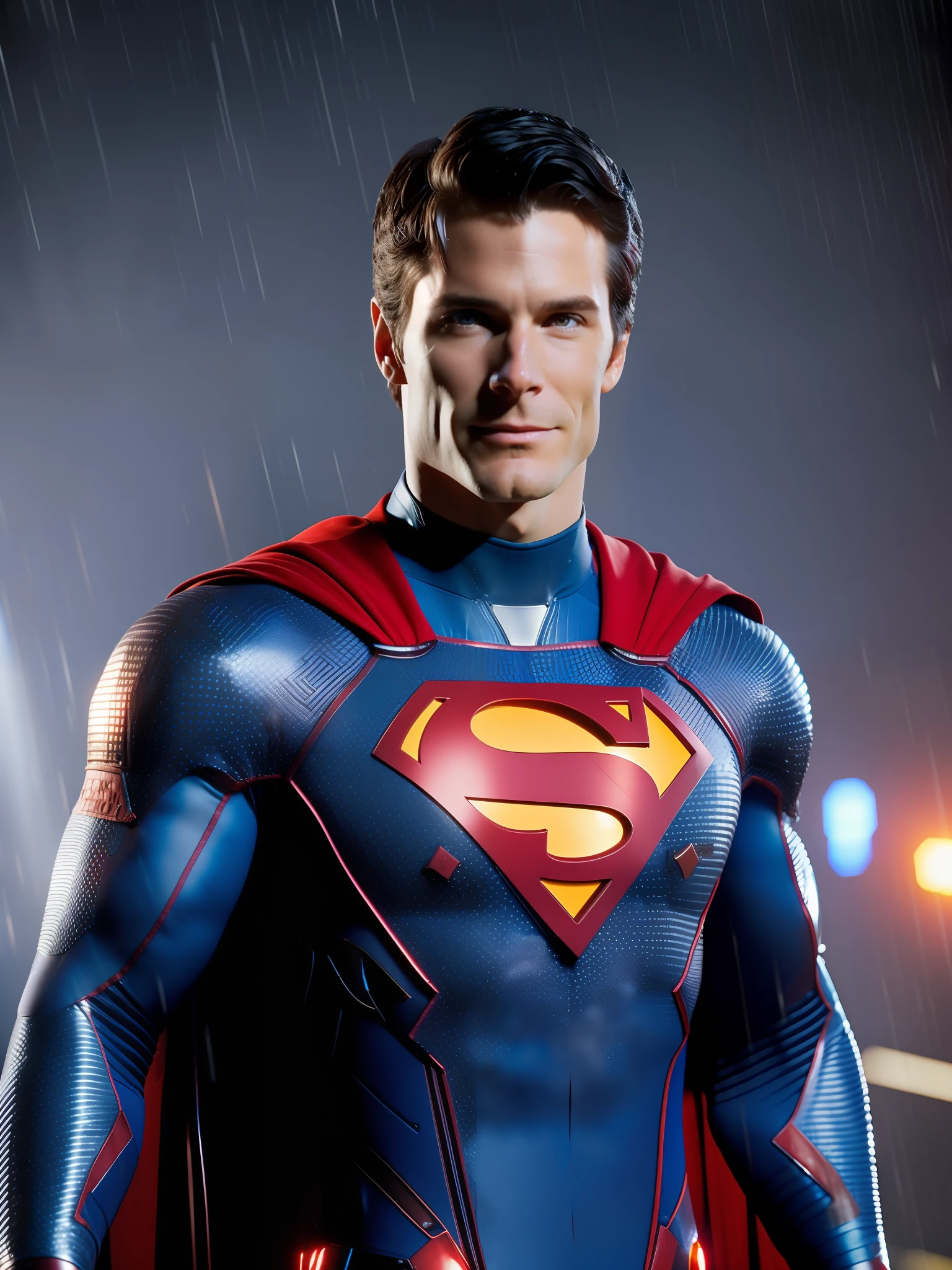 Christopher Reeve as Superman award-winning photo of a man, Blue and red superhero suit, square jawline, asymmetric face, in rain, smiling, red eyes, purple light, 80mm, bokeh, mass effect, close up, fking_cinema_v2, 8k, cinematic
