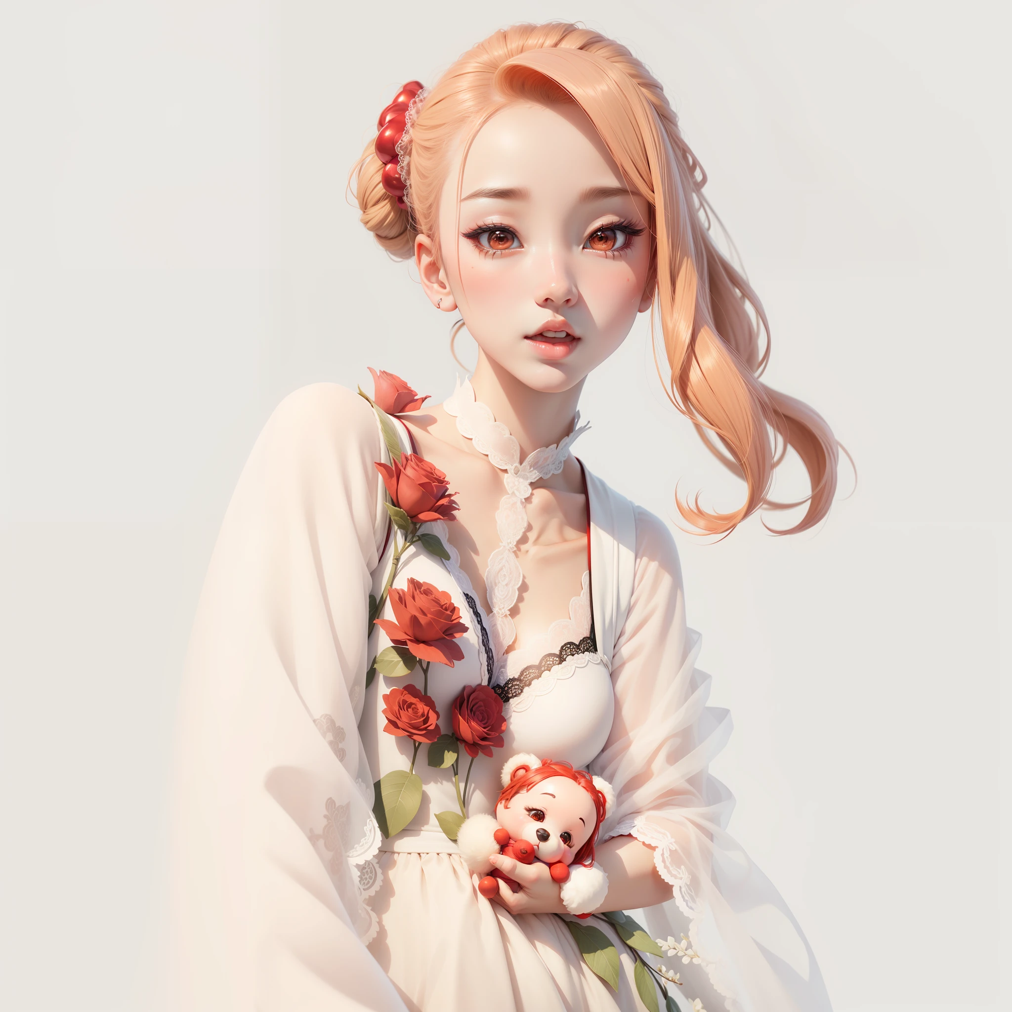 Kaiqi Xue realistic cute anime style lace Disney style 3D red clothing sexy gradient background color big breasts holding doll bear beauty mole tulle