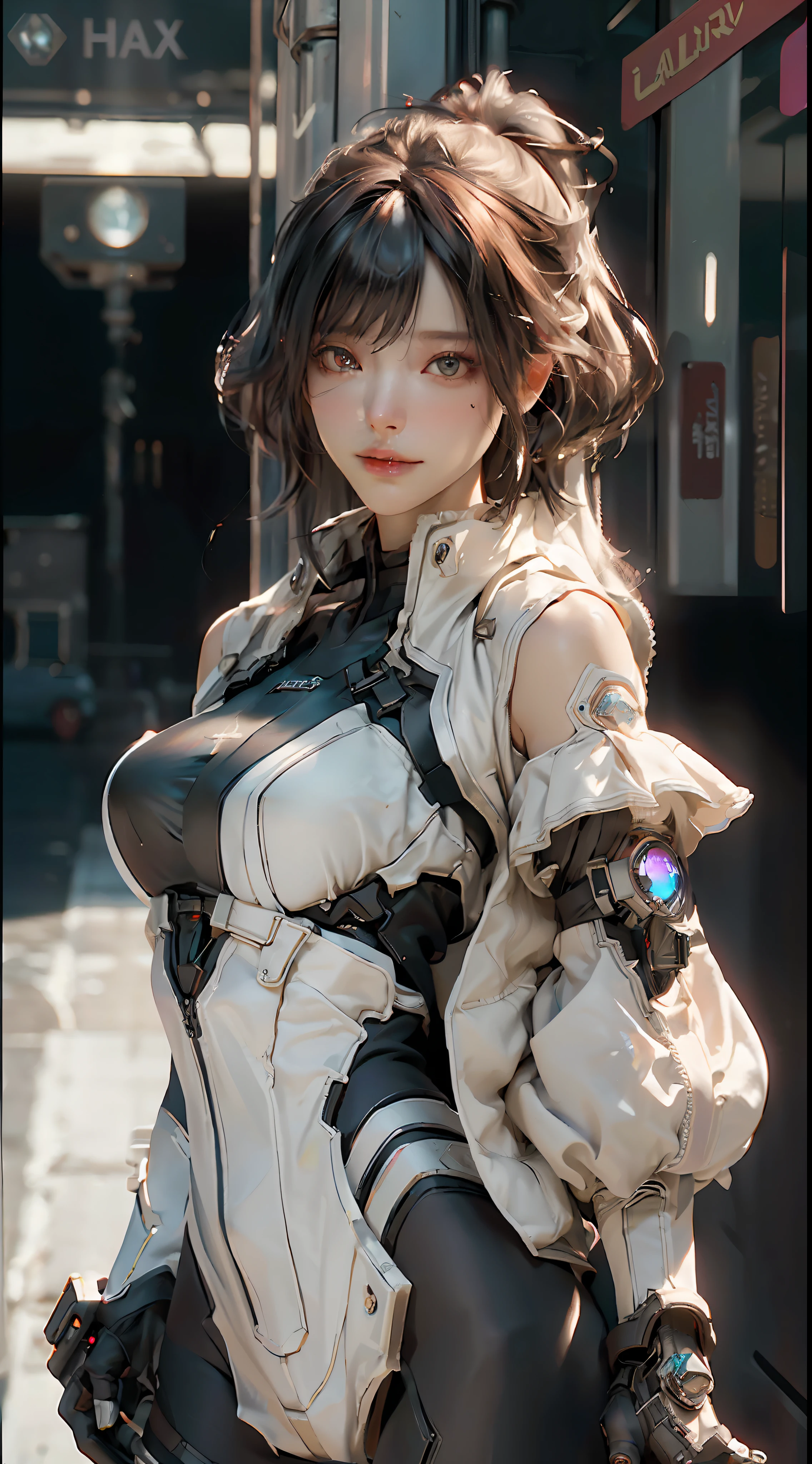 ((Best quality)), ((masterpiece)), (detailed:1.4), 3D, an image of a beautiful cyberpunk female,HDR (High Dynamic Range),Ray Tracing,NVIDIA RTX,Super-Resolution,Unreal 5,Subsurface scattering,PBR Texturing,Post-processing,Anisotropic Filtering,Depth-of-field,Maximum clarity and sharpness,Multi-layered textures,Albedo and Specular maps,Surface shading,Accurate simulation of light-material interaction,Perfect proportions,Octane Render,Two-tone lighting,Wide aperture,Low ISO,White balance,Rule of thirds,8K RAW,