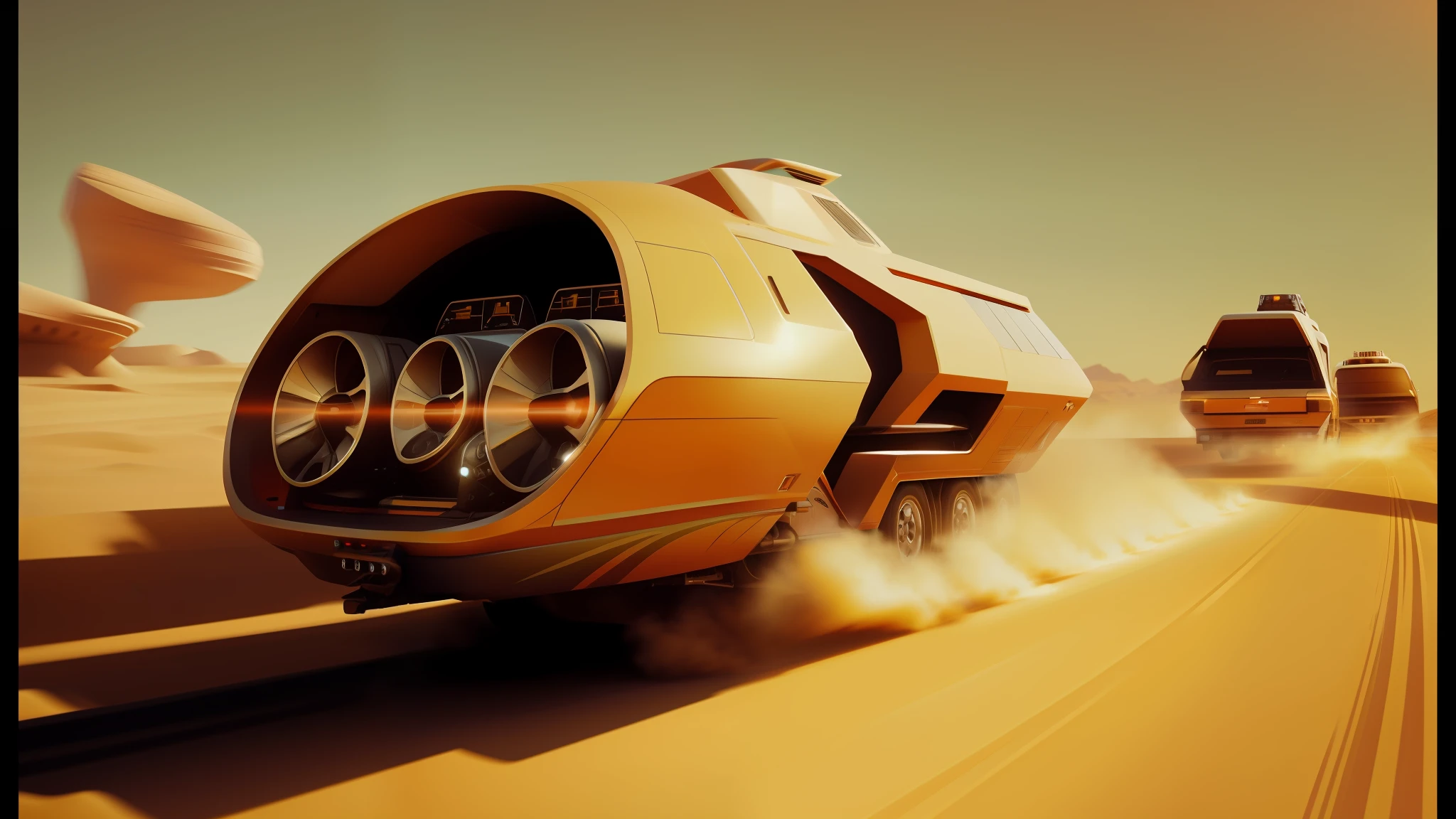 there are two vehicles that are driving on a desert road, syd mead color scheme, on a canva, lucasfilm - c 1 0, ishowspeed, inspired by Dirck van der Lisse, still image from tv series, computer render, blazing engines, ( ( mads berg ) ), orange color, winamp skin, darren quach