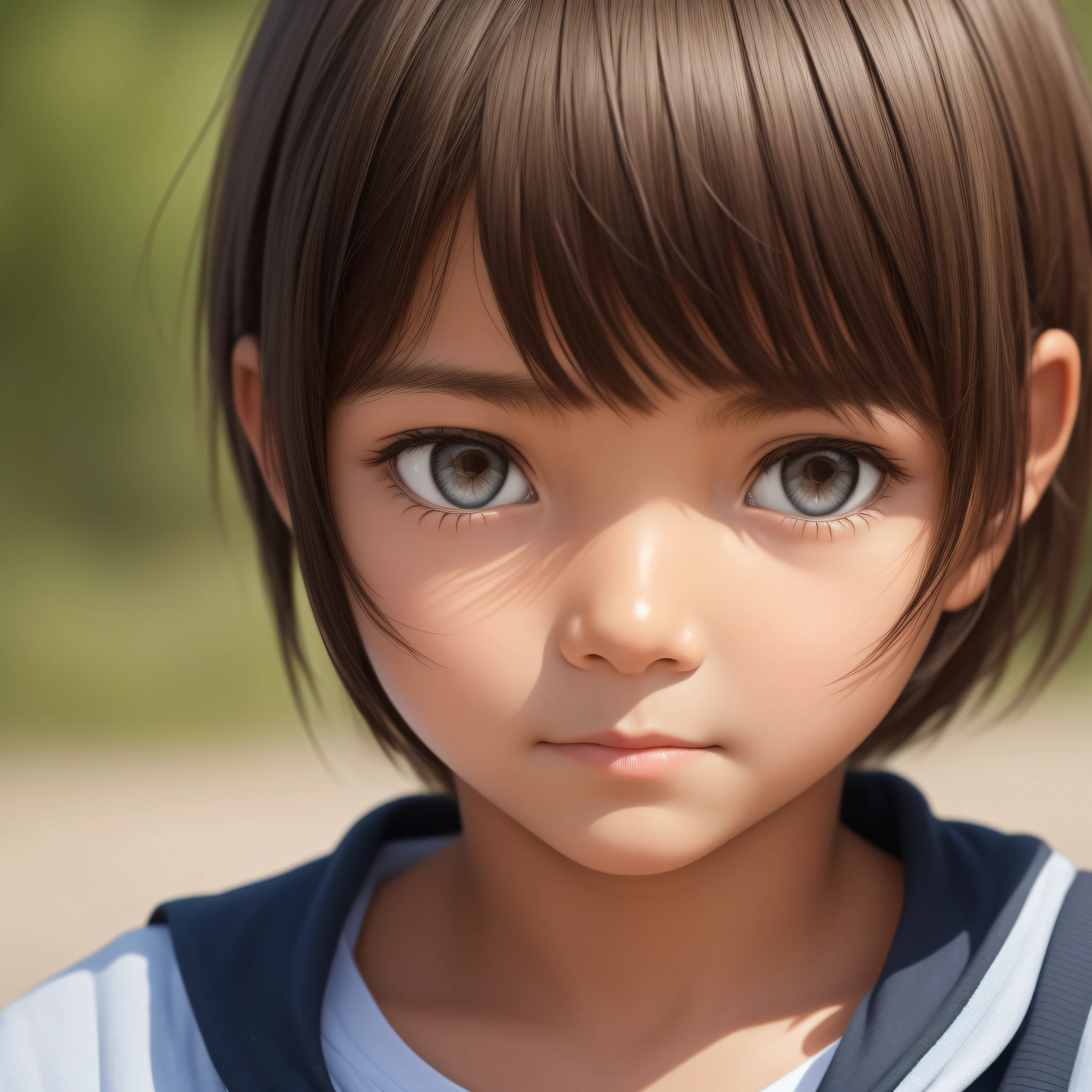 Close-up of a shortcut girl from the front Looking at the camera Strong expression