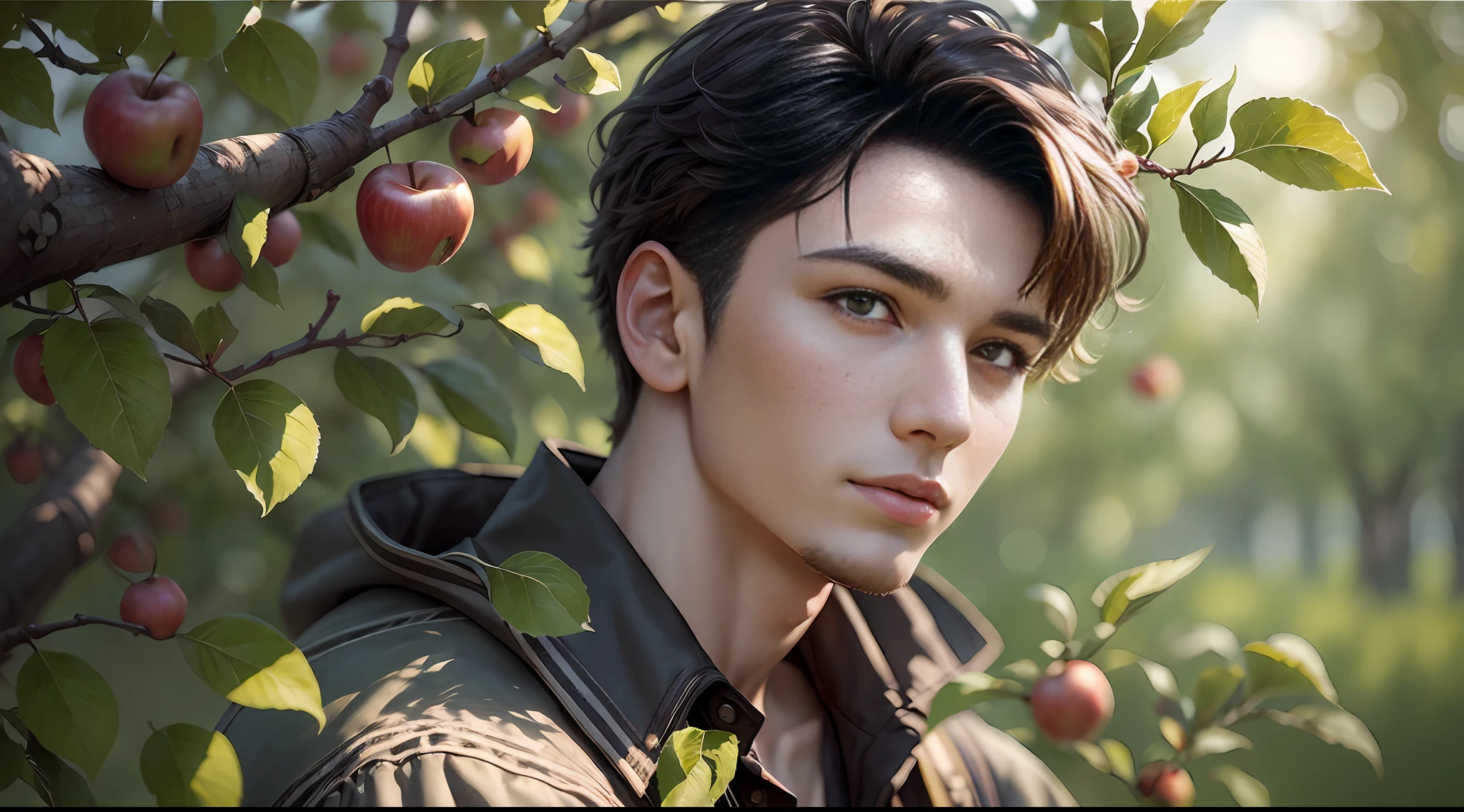 (20-year-old man under the apple tree), ultra-realistic leaves,(photographic realism:1.2),(self-contrast:1.1),(sharpness similar to the human eye:1.1),(interaction of light with apple tree foliage:1.3),(format 16 : 9) --auto --s2