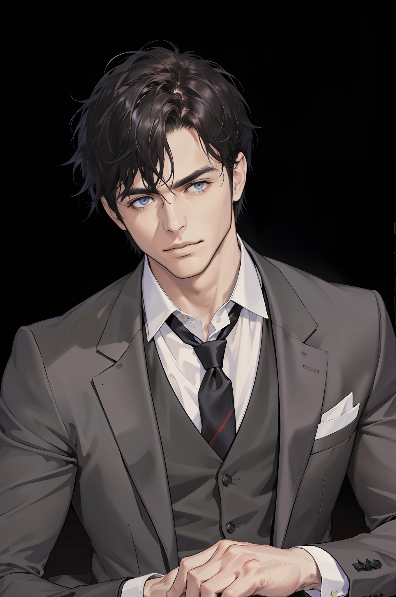 (absurdres, highres, ultra detailed, realistic, ), 1 male, solo, adult, mature, tall muscular guy, broad shoulders, handsome, very short hair, black hair, thick neck, night, dark, the night view of the city background, formal suit, necktie, upper body