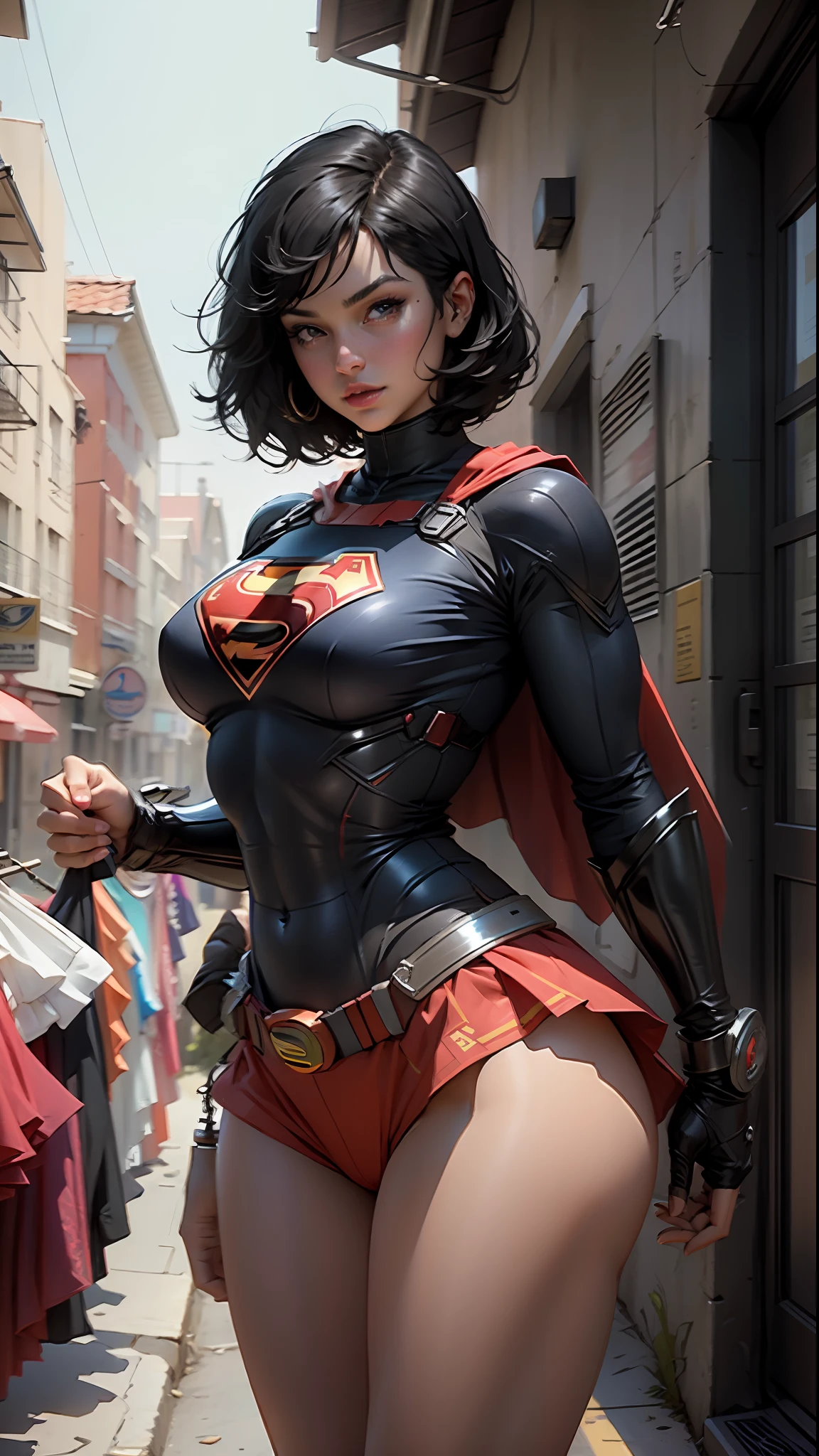 Beautiful woman short black hair defined body big breasts, wearing Supergirl cosplay