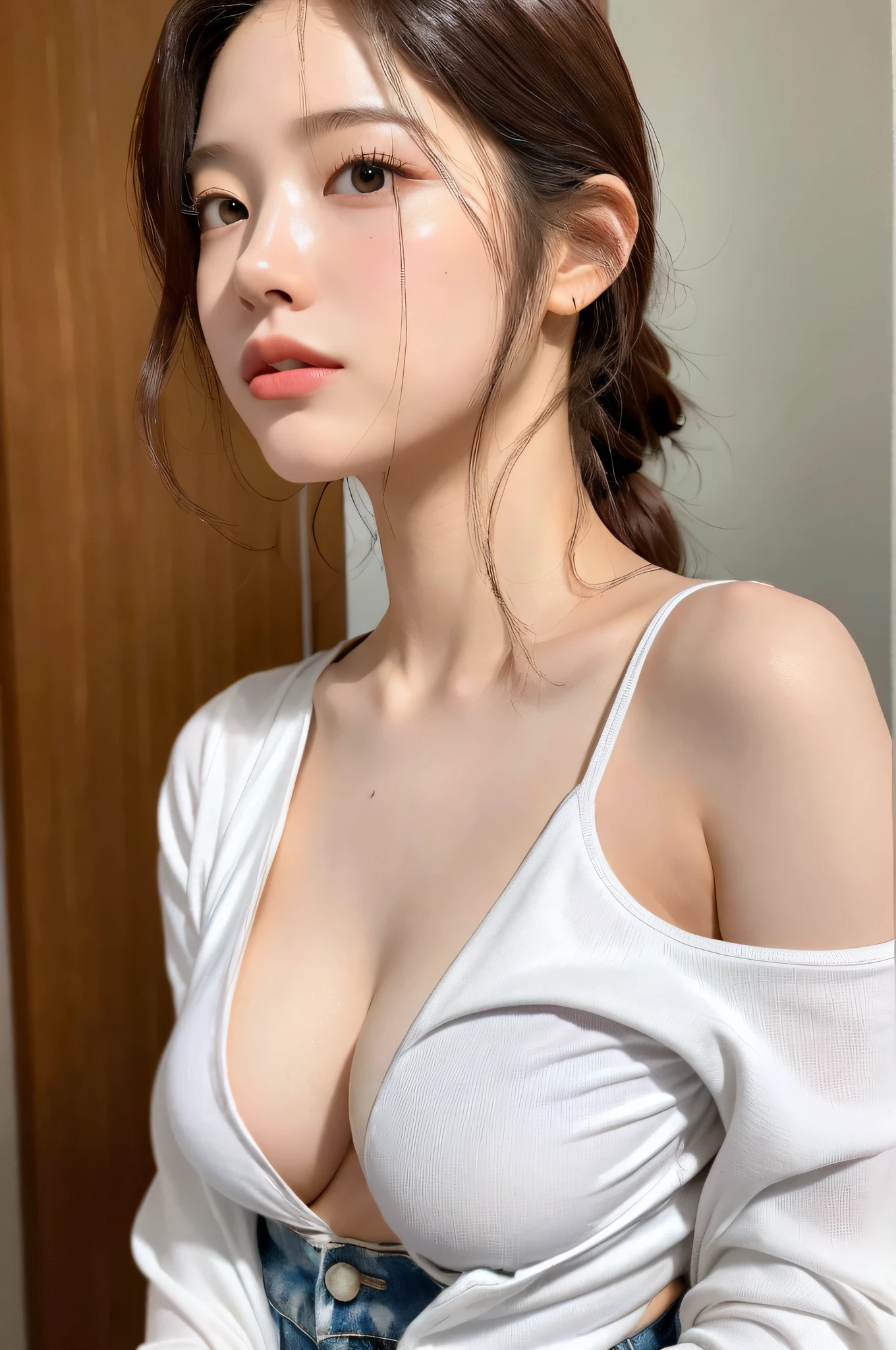 1girl, (Super:1.2), ((White shirt:1.2)), RAW Photos, (Photorealistic:1.37, Realistic), High Definition CG Unified 8K Wallpaper, Watch Viewer, ((Straight from Front))), (HQ Skin: 1.8, Glossy Skin), 8K UHD, DSLR, Soft Lighting, High Quality, Film Grain, FUJIFILM XT3, ((Upper Body: 1.6) ), (Pro Lighting: 1.6), (shower, wet body, wet clothes: 4.1), from the bottom, emphasizing cleavage, off-shoulder