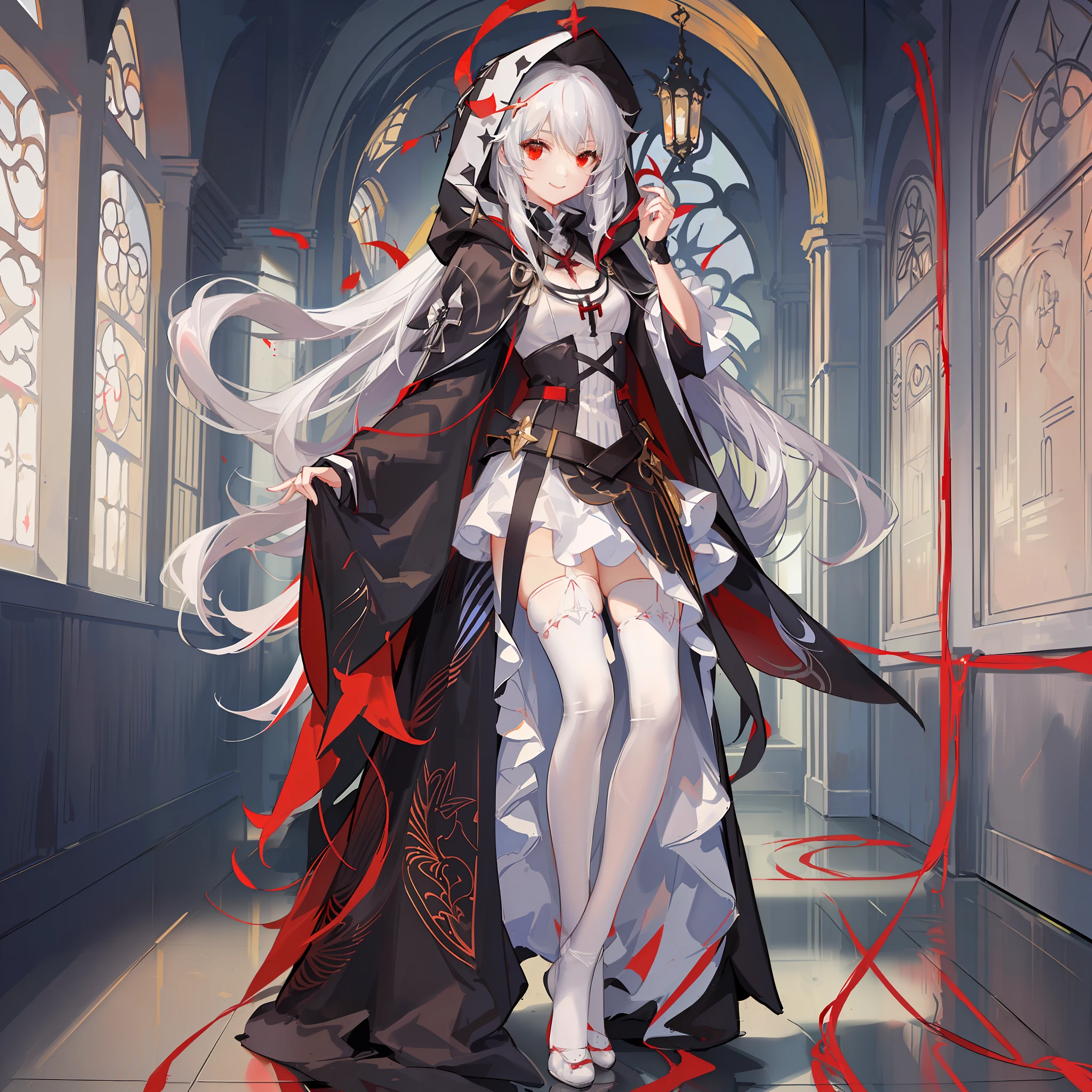 Maiden, white stockings, playful smile, round red thread striped road black robe, hood, cape, red eyes, long white hair, standing posture, full body, mage, holy girl