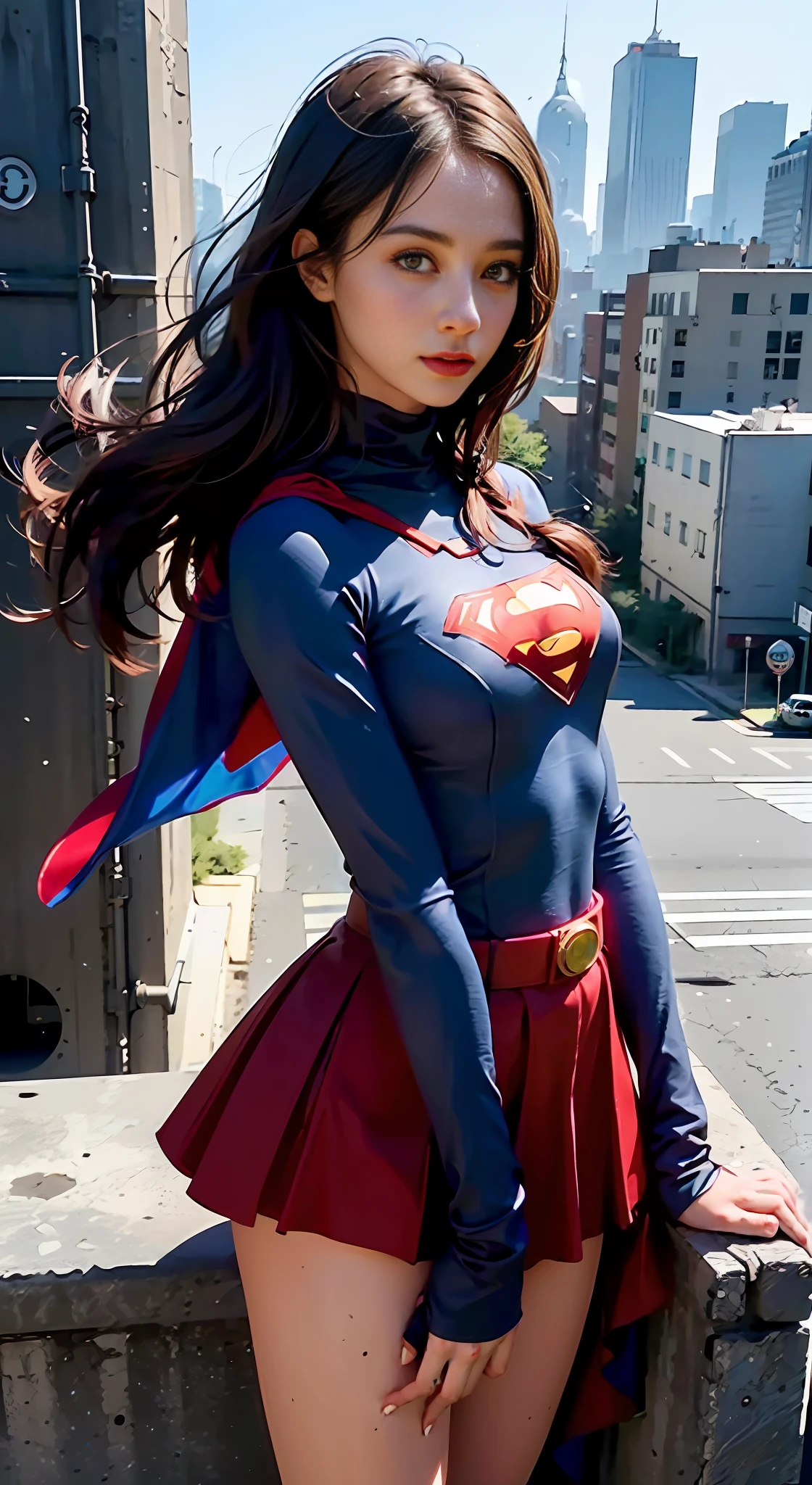 (1girl:1.3), solo, __body-parts__, official art, unified 8k wallpaper, super detailed, beautiful and beautiful, beautiful, masterpiece, best quality, raw, masterpiece, super fine photo, best quality, super high resolution, photorealistic realism, sunlight, full body portrait, amazing beauty, dynamic pose, delicate face, vibrant eyes, (seen from the front), she wears a full body superman suit, full suit, (red short skirt), blue-black top, Red cape, Superman, a capital letter on chest, very detailed abandoned warehouse background, detailed face, detailed complex busy background, messy, gorgeous, milky white, highly detailed skin, realistic skin details, visible pores, sharp focus, volumetric fog, 8k uhd, DSLR, high quality, film grain, fair skin, photo realism, lomography, huge metropolis in future dystopia,