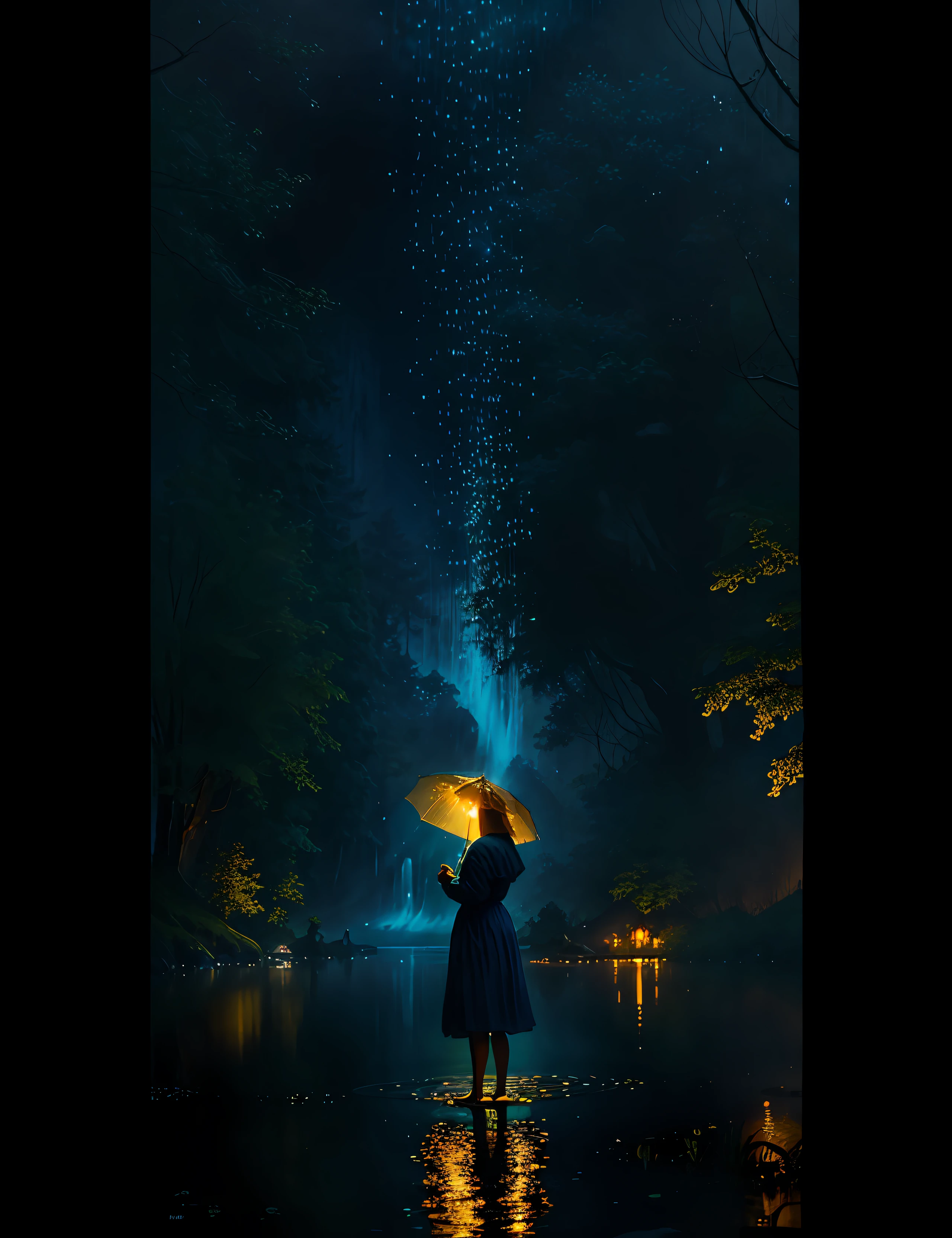 A girl stands by the lake, immersed in a gentle rain shower. The shimmering droplets cascade around her, reflecting the soft glow of fireflies that dance in the night. Their luminous presence creates a magical ambiance, illuminating the surroundings with a delicate radiance. The raindrops create ripples on the surface of the lake, adding to the ethereal atmosphere. The illustration style draws inspiration from the enchanting works of Thomas Kinkade, known for his picturesque landscapes and captivating use of light. The color palette combines cool blues and greens with warm golden tones, capturing the mystical beauty of the moment. The camera angle captures the girl in a contemplative pose, capturing her connection with nature and the enchantment of the scene.