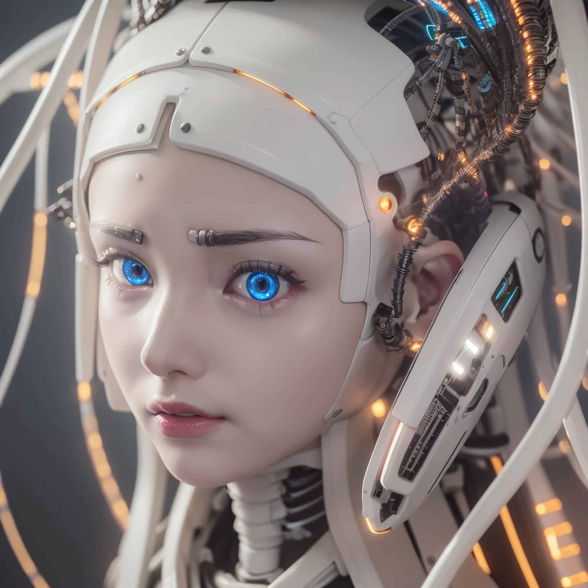 1mechanical_girl (white beige old plastic), (((ultra-realistic detail)), detailed_face, global_illumination, shadow, octane_render, 8k, ultra_sharp, metal, ornaments_ detail, cold_colors, egypician_detail、highly_intricate_details、realistic_light、trending_on_cgsociety、glowing_eyes、facing_camera、neon_details、machanical_limbs、blood_ It wears complex bioluminescence mechanical cyborg armor made of vessels_connected_to_tubes ((lot_wires_and_cables_connecting_to_head_and_body)). killing_machine, extremely_sexy, desire, whole body, lust, masturbation