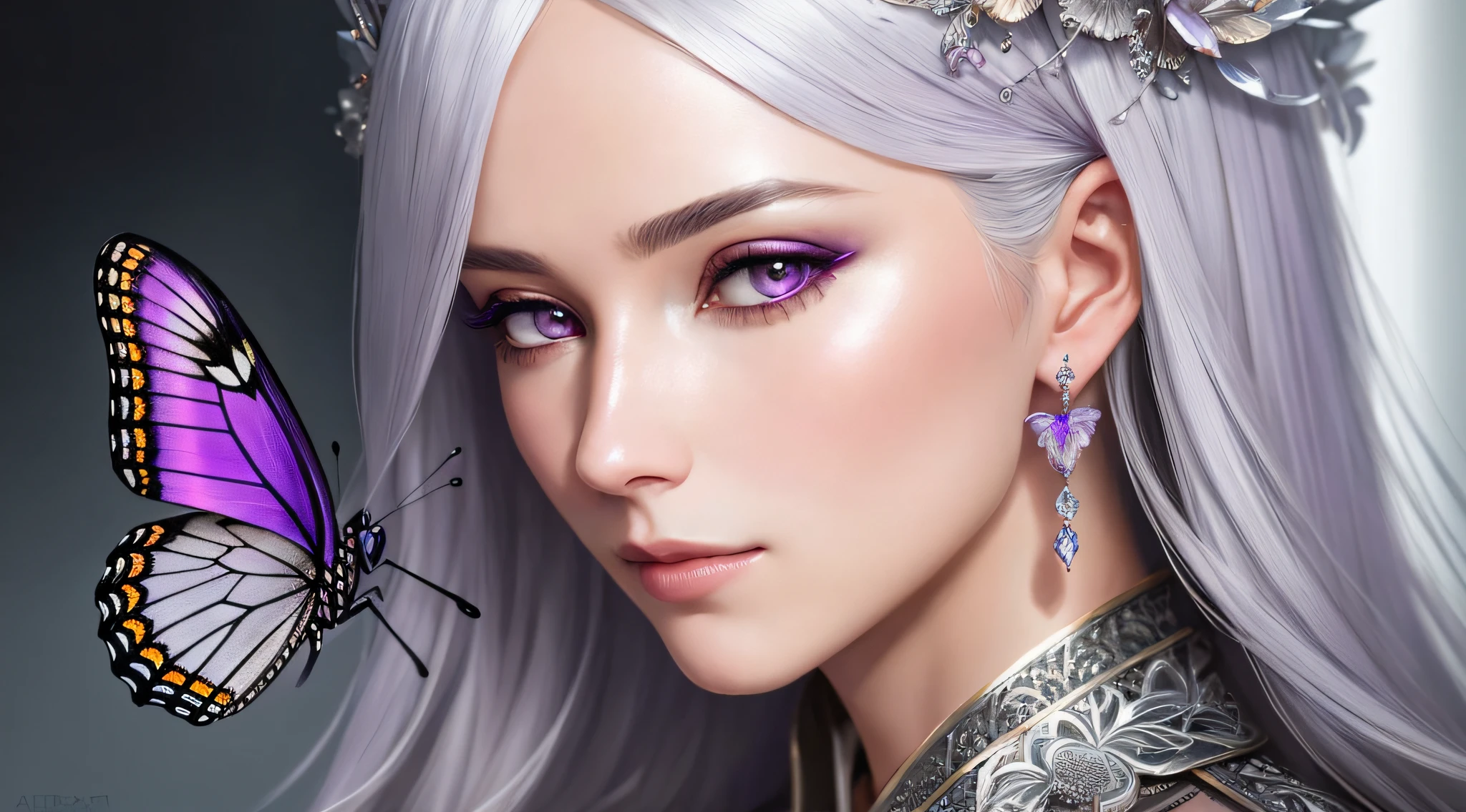 8k portrait of a beautiful queen with silver hair, intricate, elegant, highly detailed, majestic, digital photography, art by artgerm and ruan jia and greg rutkowski surreal painting of purple butterfly filigree, broken glass (masterpiece, side lighting, beautiful finely detailed eyes: 1.2), hdr