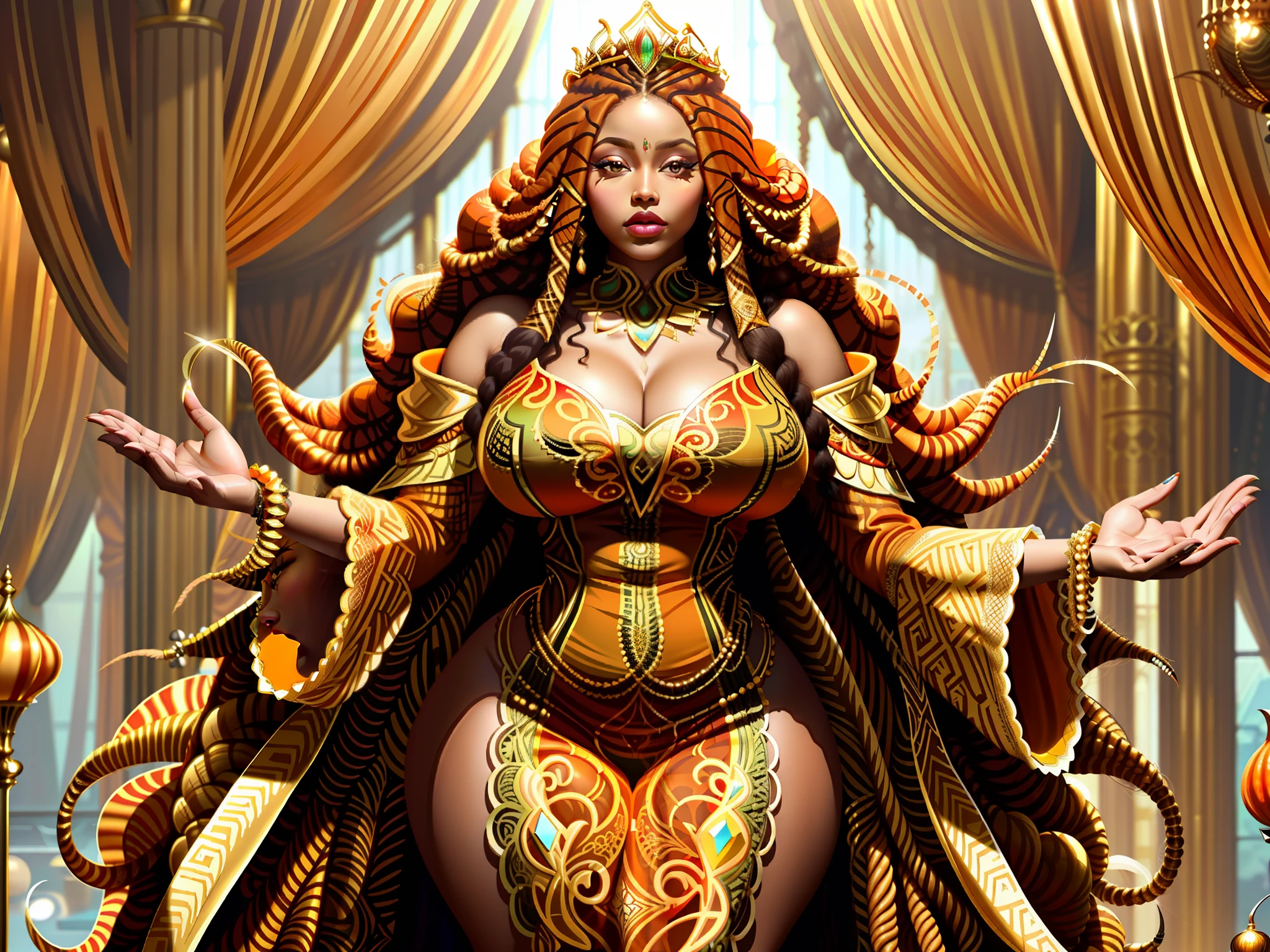 afrofuturism, thick body, fat, (closeup photo) of black supermodel wearing a luxurious traditional African dress and impeccably detailed African veil (orange with intricate gold embroidered) and queen's crown made of shells, whelks, ((dreadlocks hair)), fat body, fat, brown skin, extremely detailed face, standing in a luxurious tribal ballroom castle, cinematic photography,  photorealistic, well lit, HDR, brown skin, thick body, goddess, queen