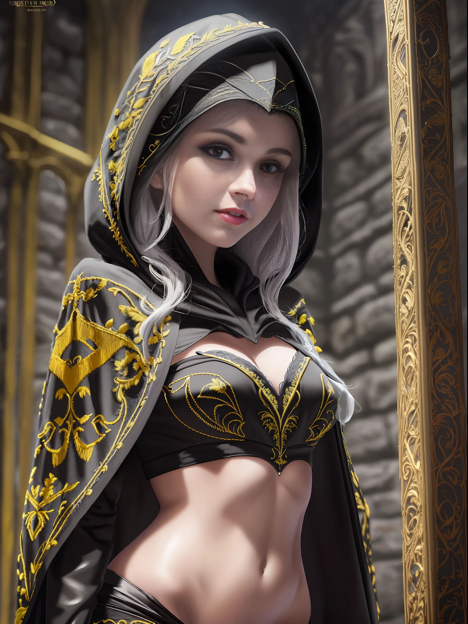 (Uhd, photorealistic, facial focus, intricate details, highly detailed ambient yellow light) young Slavic woman in a dungeon, vampiric, petite, seductive, mid-20s, (angelic face, dark shadow, thin lips, wide menacing smile), perfect body, ((waist, hips)), (((embroidered black cape, hood))), ancient