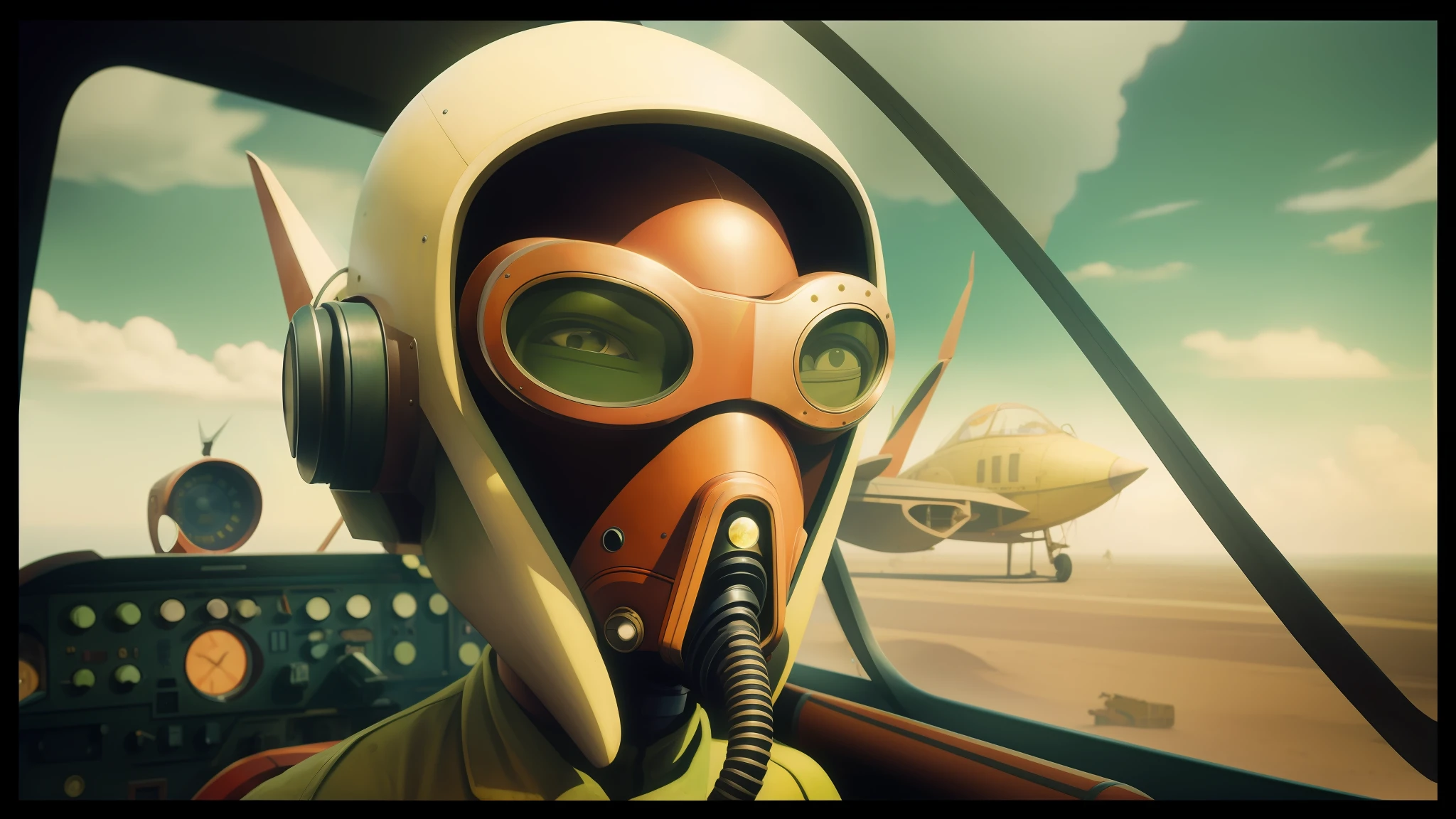 there is a man in a gas mask and goggles in a plane, moebius and android jones, cinematic cgsociety, by Jamie Hewlett, inspired by Storm Thorgerson, speeder, film still from an cartoon, by Vladimír Vašíček, pterosaurs flying, animated, arrakis