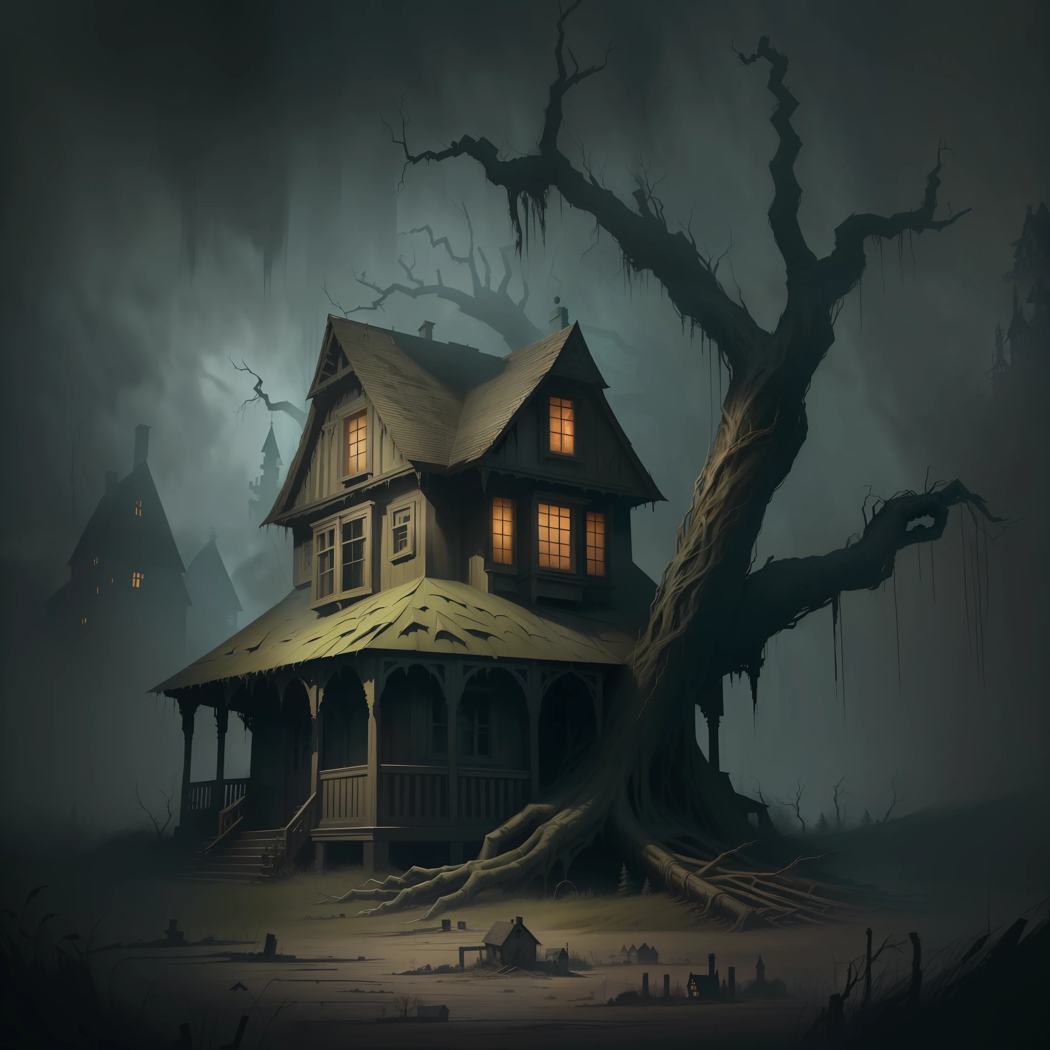 arafed house with a tree in front yard, haunted house, background art, themed haunted house, creepy mansion, location of a dark old house, highly detailed sinister, mysterious nostalgic concept art, creepy and creepy atmosphere, haunted background, haunting and creepy, ultra detailed haunted house, grumpy cartoon scene, house background, wooden house,  leave it very detailed
