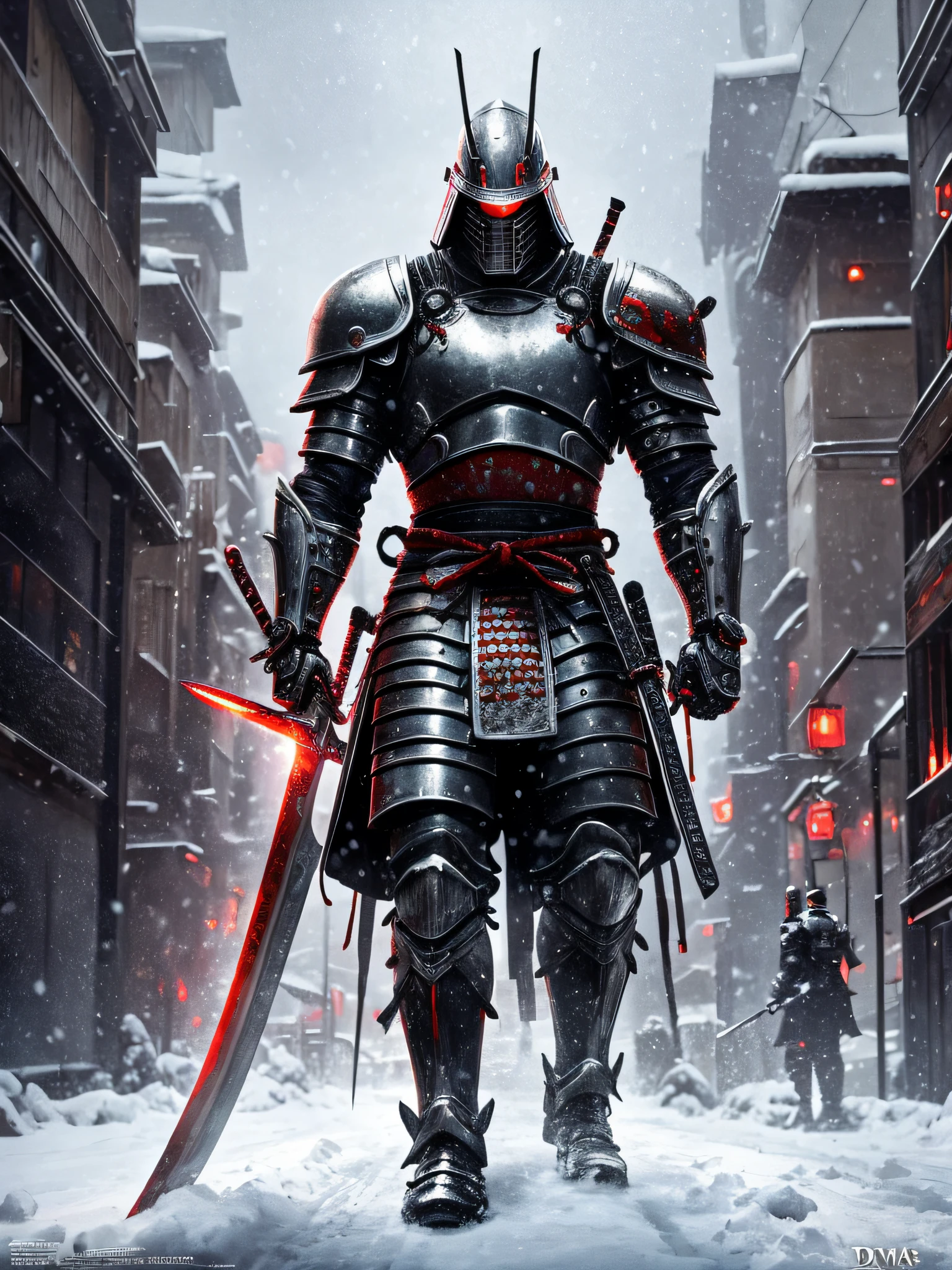 Full body shot of a man in samurai armor holding a giant sword in the snow, cyborg samurai, cyberpunk samurai, at dawn, japanese warrior, biomechanical ninja samurai, epic samurai cyberpunk warrior, colossal, cyborg ninja, cinematic, masterpiece, hd, photorealistic, giant and muscular, white and red armor, specular light, shintoism, by Mike Deodato, dark souls, final boss, movie poster, 4k
