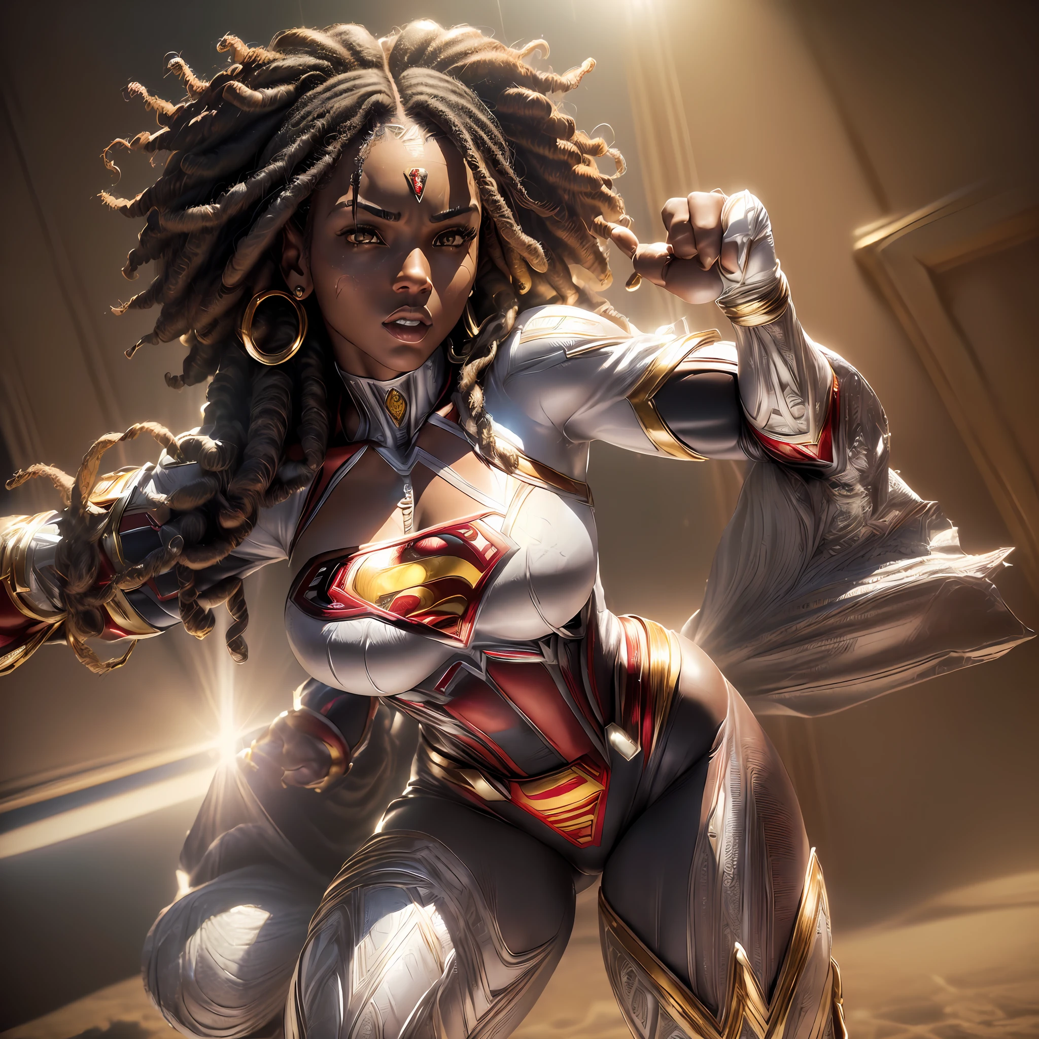 (((masterpiece))), (((black woman))), ((would be looking at the camera)), DC Comics superhero style, (((Superman female version)), (((Full body))), ((Fight pose)), (((1 woman))), (((Rastafari hair)), Superman outfit in white with gold details, (((Ultra detailed)), ((Finely detailed)), Detailed face, Superman outfits, (((Detailed outfit)), Studio lighting, 3D, 4k, UHD --auto --s2