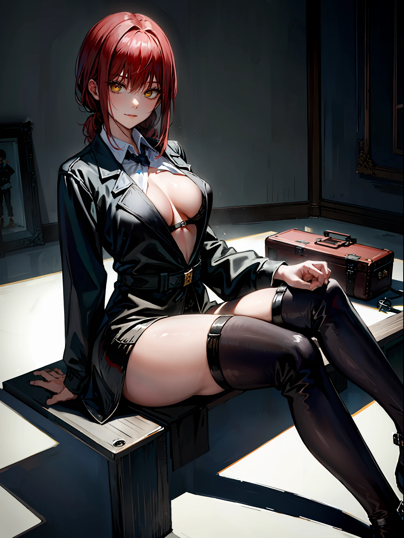 Makima Chainsaw Man sitting, cross-legged, extremely sexy