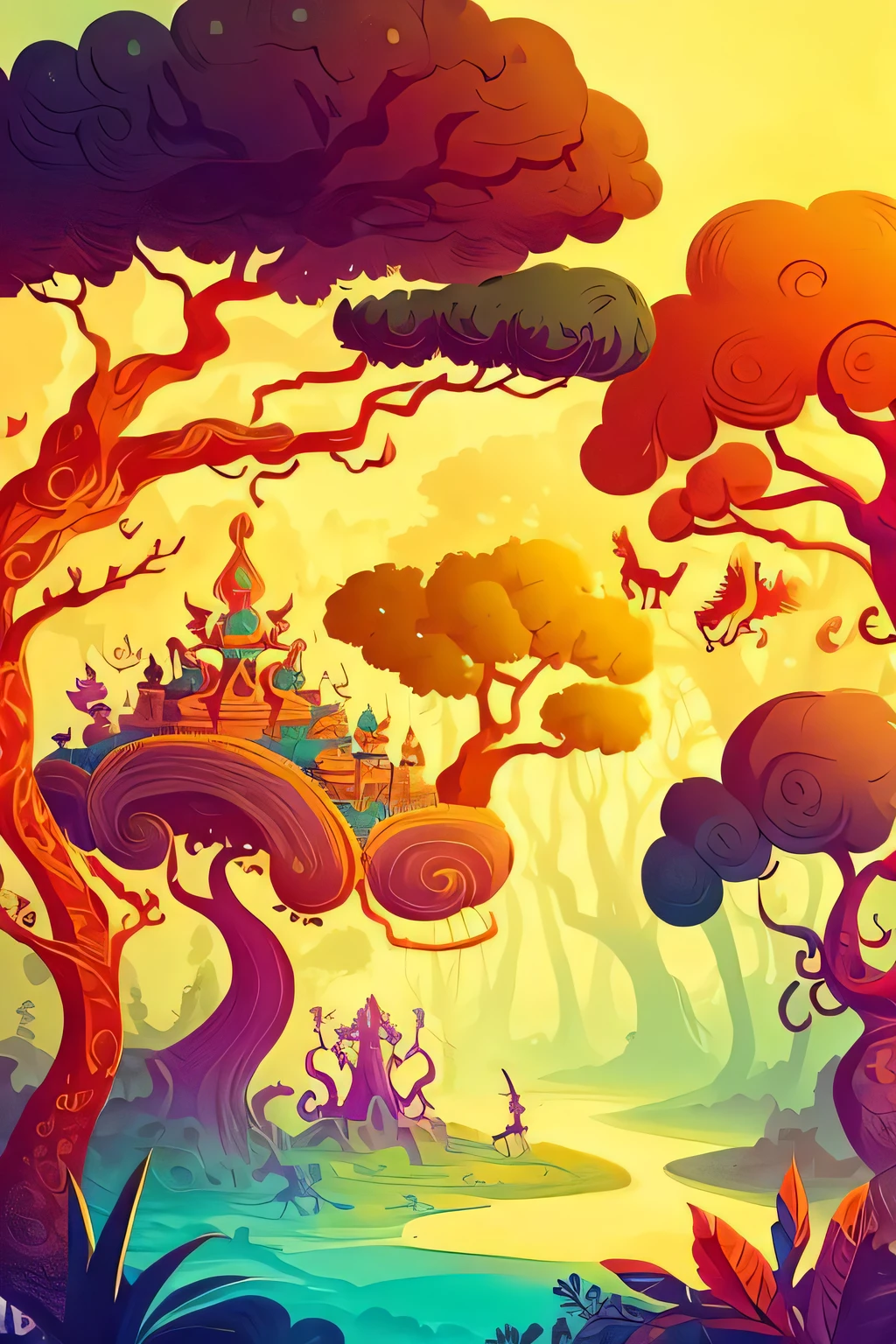 ancientstyle  A mystical and epic landscape, featuring a fantastical and surreal world of floating islands, giant trees, and mythical creatures, that transport the viewer to a world of imagination and wonder, artstation, digital art, intricate, trending, bright colors