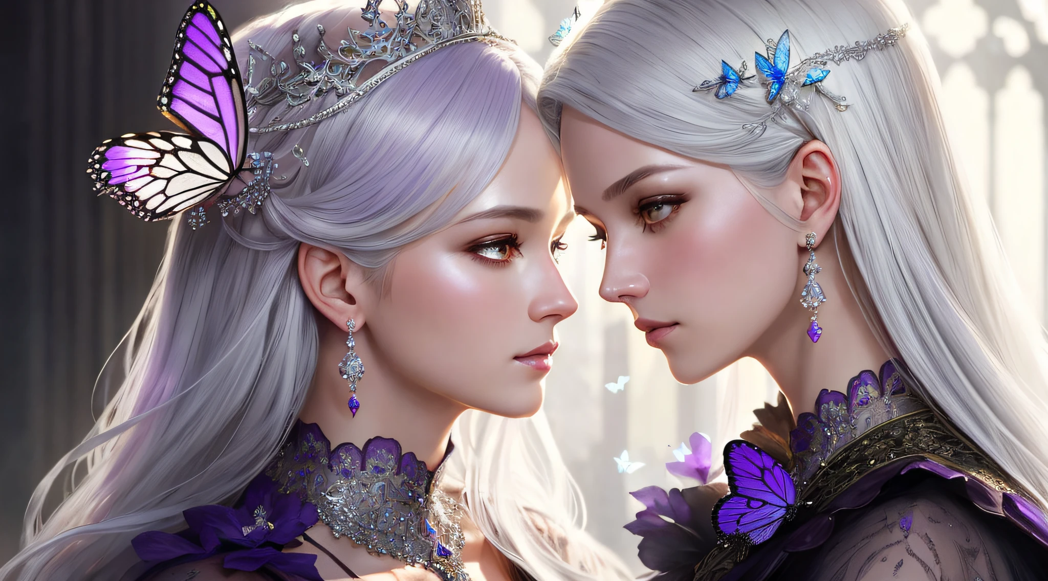8k portrait of a beautiful queen with silver hair, intricate, elegant, highly detailed, majestic, digital photography, art by artgerm and ruan jia and greg rutkowski surreal painting of purple butterfly filigree, broken glass (masterpiece, side lighting, beautiful finely detailed eyes: 1.2), hdr