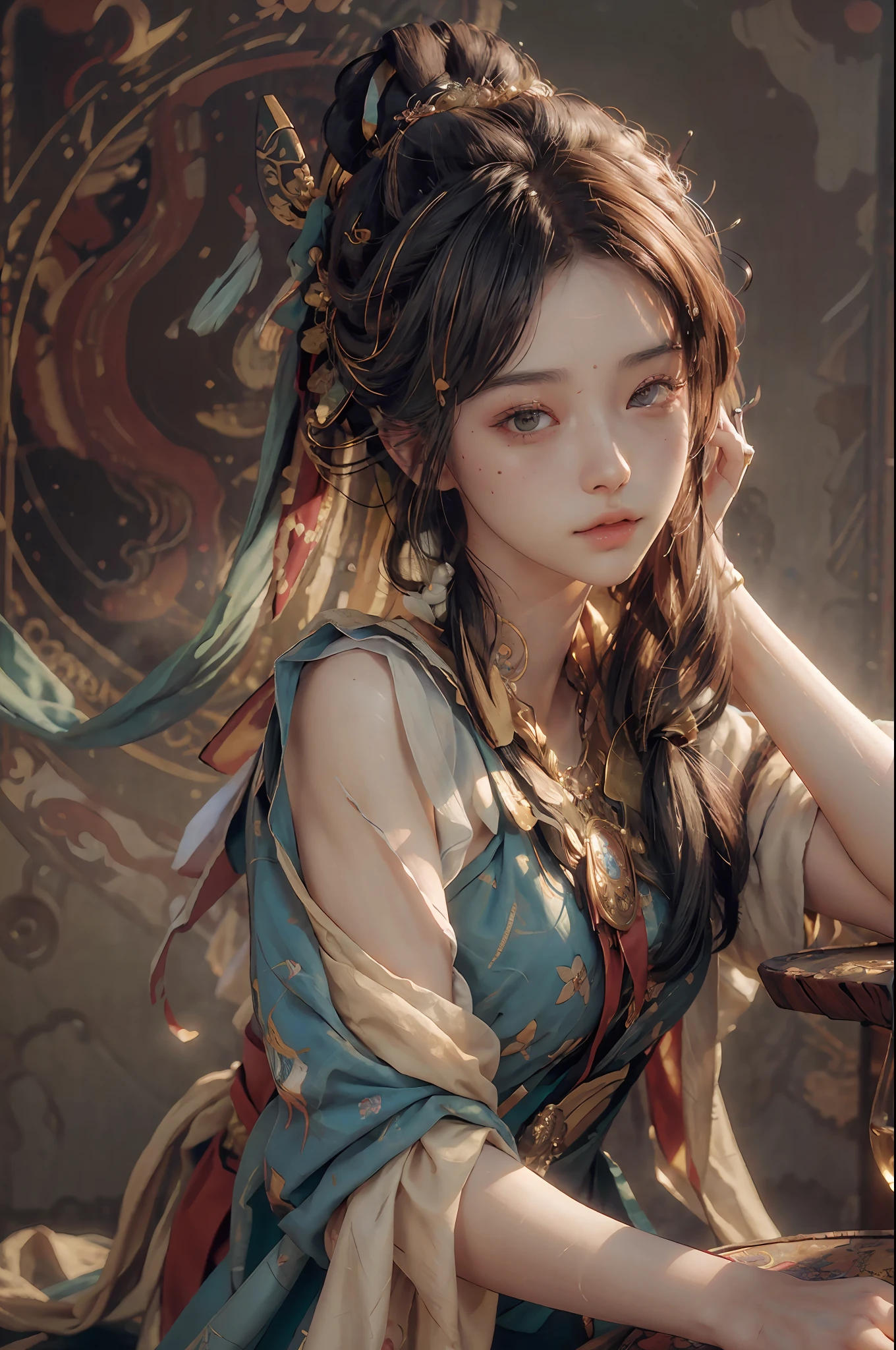 (RAW photo, best quality), (realistic, photo-realistic:1.3),best quality,highly detailed,masterpiece,ultra-detailed,illustration,1girl,upper_body,dynamic angle,world masterpiece theater,messy_long_hair,best quality,extremely detailed CG unity 8k wallpaper,ink,Amazing,cinematic lighting,lens_flare, dunhuang_style