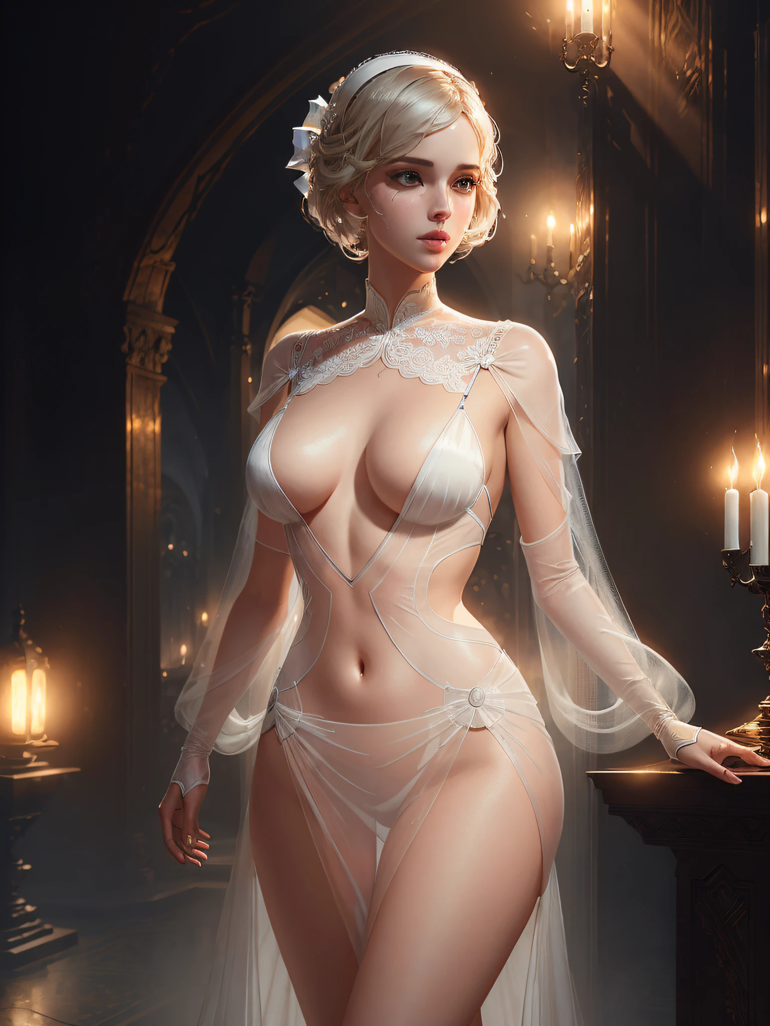 2b nier automataem an erotic white dress with deep slit skirt, ((transparent fabric)), (masterpiece: 1.1), (best quality: 1.1), (anatomically correct: 1.1), (perfect hand: 1.1 ), ( (Facial detail: 1.3)), (Skin detail), (Perfect eyes), (Perfect nose), (Realistic), Octane Rendering, Sharp focus, (8k), (4k), (Masterpiece), (best quality), ((huge lips: 1.3)), detailed backgrounds, artgerm art and Greg Rutkowski,   Cinematic Lighting, 8K