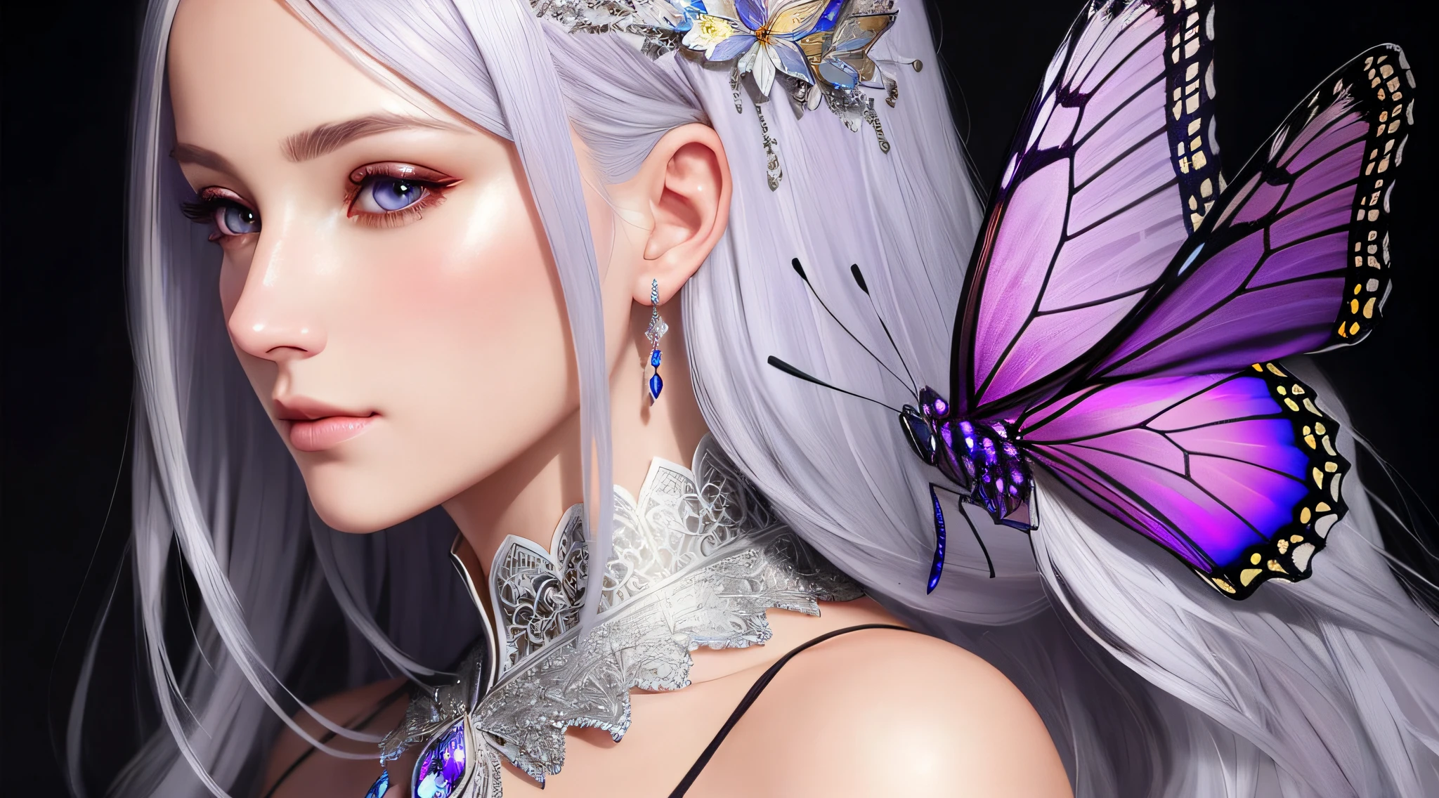 8k portrait of a beautiful queen with silver hair, intricate, elegant, highly detailed, majestic, digital photography, art by artgerm and ruan jia and greg rutkowski surreal painting of purple butterfly filigree, broken glass (masterpiece, side lighting, beautiful finely detailed eyes: 1.2), hdr