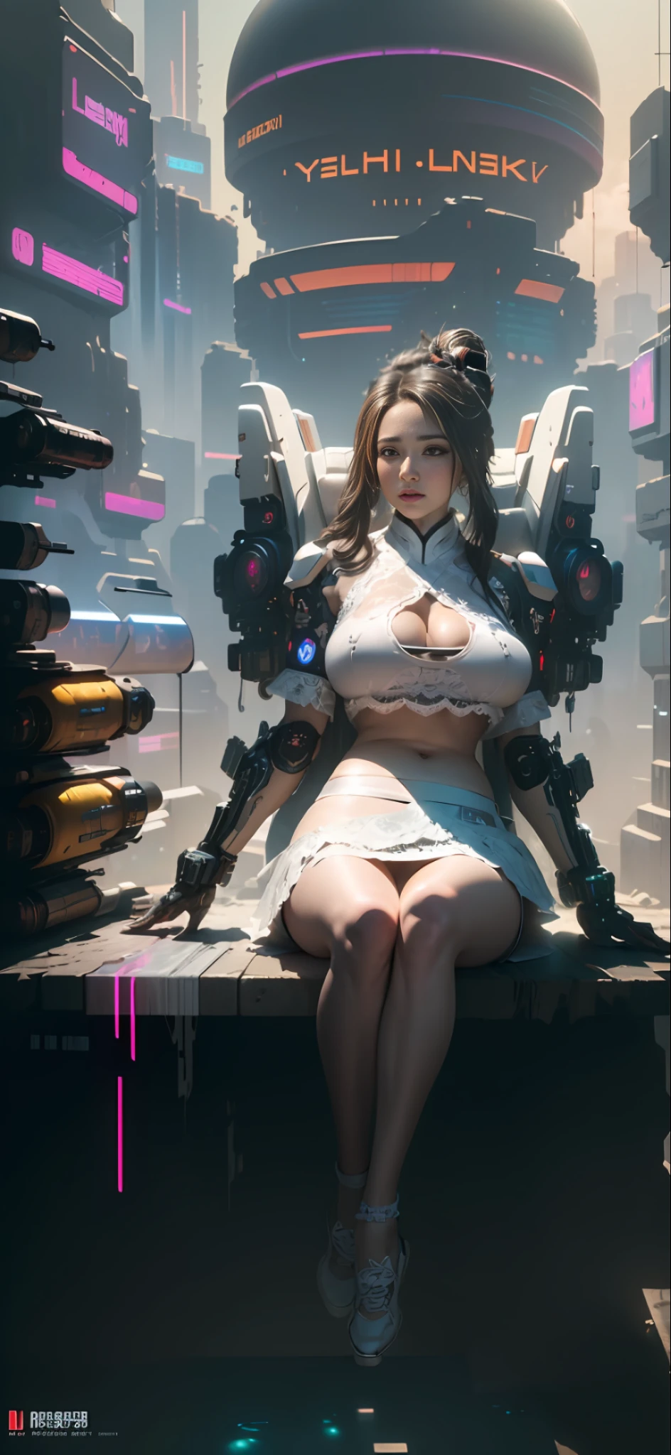 ((Best quality)), ((masterpiece)), (highly detailed:1.3), 3D, beautiful, (cyberpunk:1.6), in space, nebula, (holding_weapon:1.3), laser, (1Female mecha:1.3), sexy body, facing the audience, Glowing eyes, full body, (flying, swooping down, dynamic, motion blur: 1.4), (huge mech wings: 1.6), looking up, glowing_eyes, mecha, panorama, background is earth, nebula, space, particles, Reality, HDR (High Dynamic Range), Ray Tracing, NVIDIA RTX, Super Resolution, Unreal 5, Subsurface Scattering, PBR Textures, Post Processing, Anisotropic Filtering, Depth of Field, Maximum Clarity and Clarity, Multilayer Textures, Albedo and Specular maps, Surface shading, accurate simulation of light-material interaction, perfect proportions, Octane Render, two-tone lighting, large aperture, low ISO, white balance, rule of thirds, 8K RAW, efficient sub-pixel, sub-pixel volume product,  (best quality),(Japanese:0.5),(korean:0.8), (Liu Yi Fei:1.5) long hair, (big breast:1.2),(underboob:1.5), (white transparent lace mini skirt:1.5)