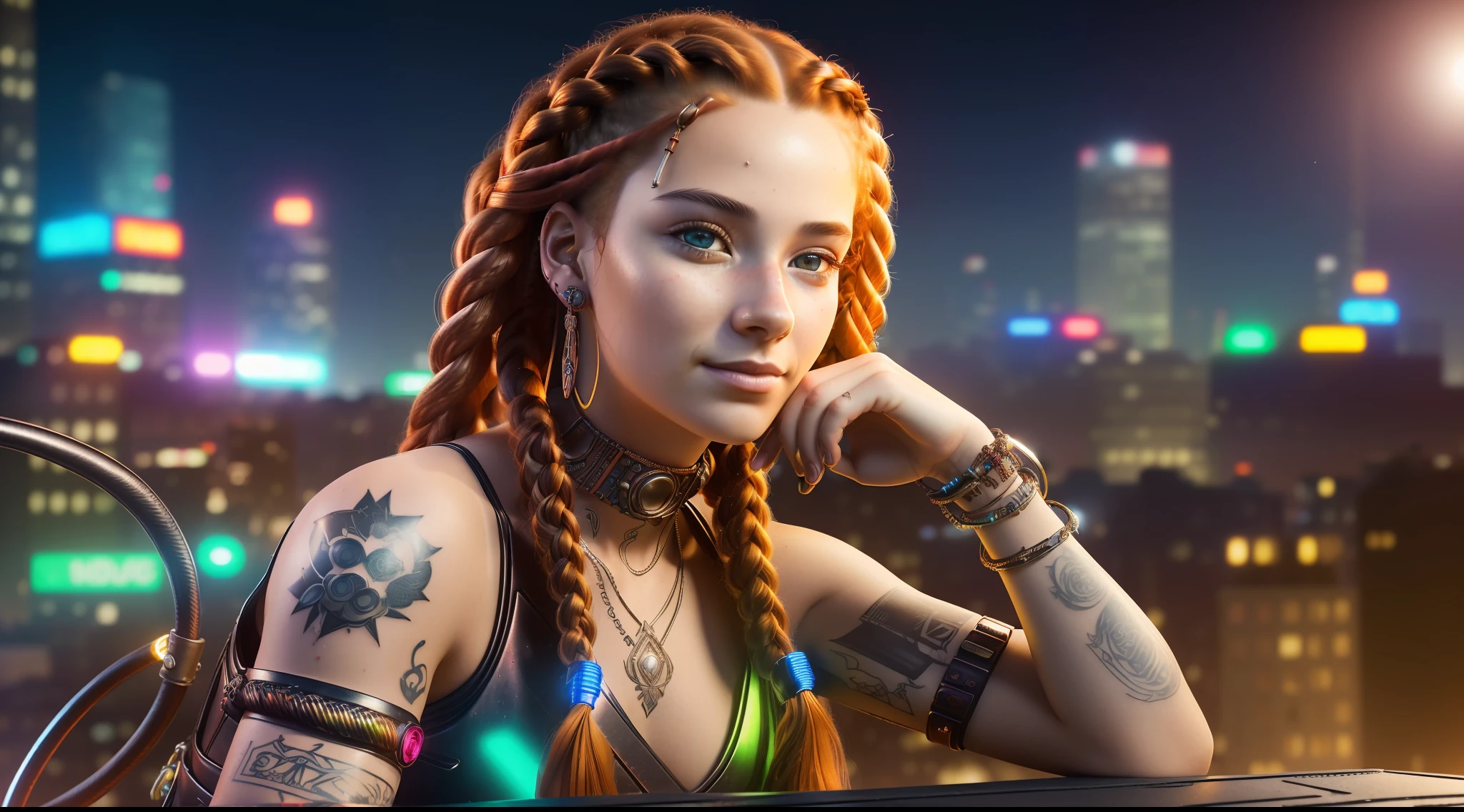 (((A extremely detailed portrait of a 18 yr old with red wavy hair and 2 multicolor braids sitting at a cyberpunk city rooftop at night wearing a red metallic dress with jewelry))) realism, real eyes, smiling, fun, happy, plates of food, drinking glass, trending on pixiv, atmospheric lighting, intricate,Fashion photo shoot,glamorous pose,dramatic fabric,ambient occlusion,volumetric lighting,glamorous, ray tracing, path-traced,tattoos,professional studio lighting,backlit,Deviant-art, hyper detailed effects. Steam coming up from potholes(background in focus)8k HD --auto --s2