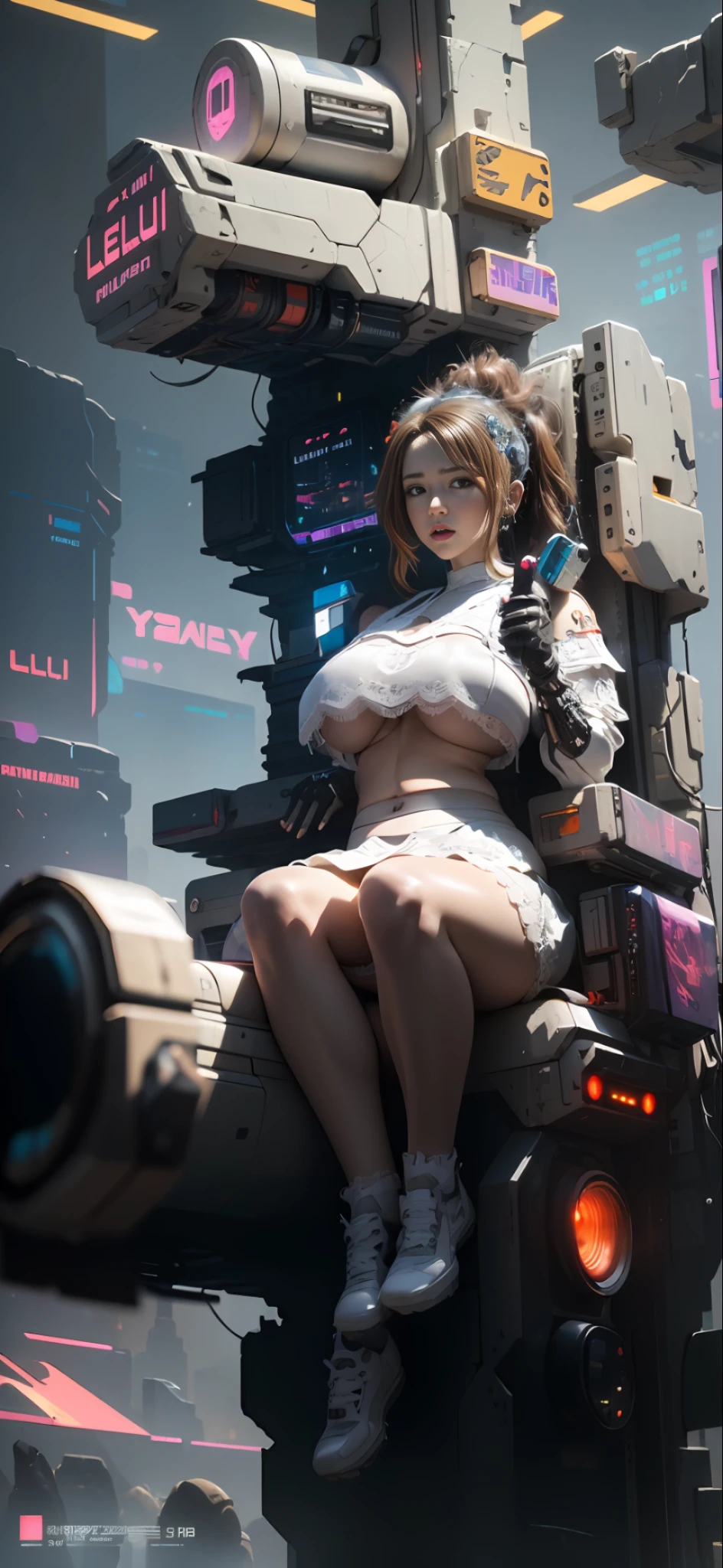 ((Best quality)), ((masterpiece)), (highly detailed:1.3), 3D, beautiful, (cyberpunk:1.6), in space, nebula, (holding_weapon:1.3), laser, (1Female mecha:1.3), sexy body, facing the audience, Glowing eyes, full body, (flying, swooping down, dynamic, motion blur: 1.4), (huge mech wings: 1.6), looking up, glowing_eyes, mecha, panorama, background is earth, nebula, space, particles, Reality, HDR (High Dynamic Range), Ray Tracing, NVIDIA RTX, Super Resolution, Unreal 5, Subsurface Scattering, PBR Textures, Post Processing, Anisotropic Filtering, Depth of Field, Maximum Clarity and Clarity, Multilayer Textures, Albedo and Specular maps, Surface shading, accurate simulation of light-material interaction, perfect proportions, Octane Render, two-tone lighting, large aperture, low ISO, white balance, rule of thirds, 8K RAW, efficient sub-pixel, sub-pixel volume product, (best quality),(Japanese:0.5),(korean:0.8), (Liu Yi Fei:1.5) long hair, (big breast:1.2),(underboob:1.5), (white transparent lace mini skirt:1.5)