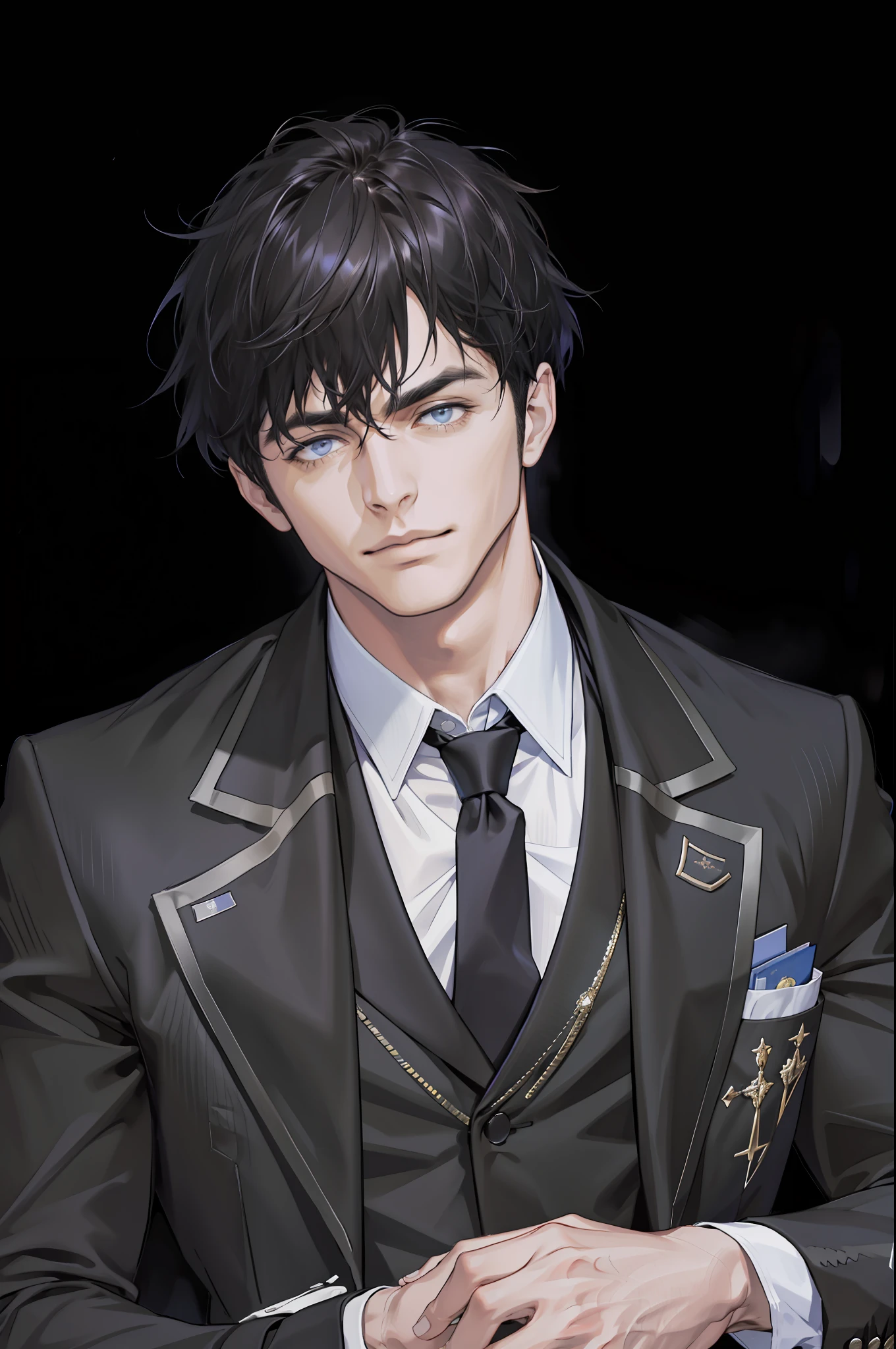 (absurdres, highres, ultra detailed, realistic, ), 1 male, solo, adult, mature, tall muscular guy, broad shoulders, handsome, very short hair, black hair, thick neck, night, dark, the night view of the city background, formal suit, necktie, upper body