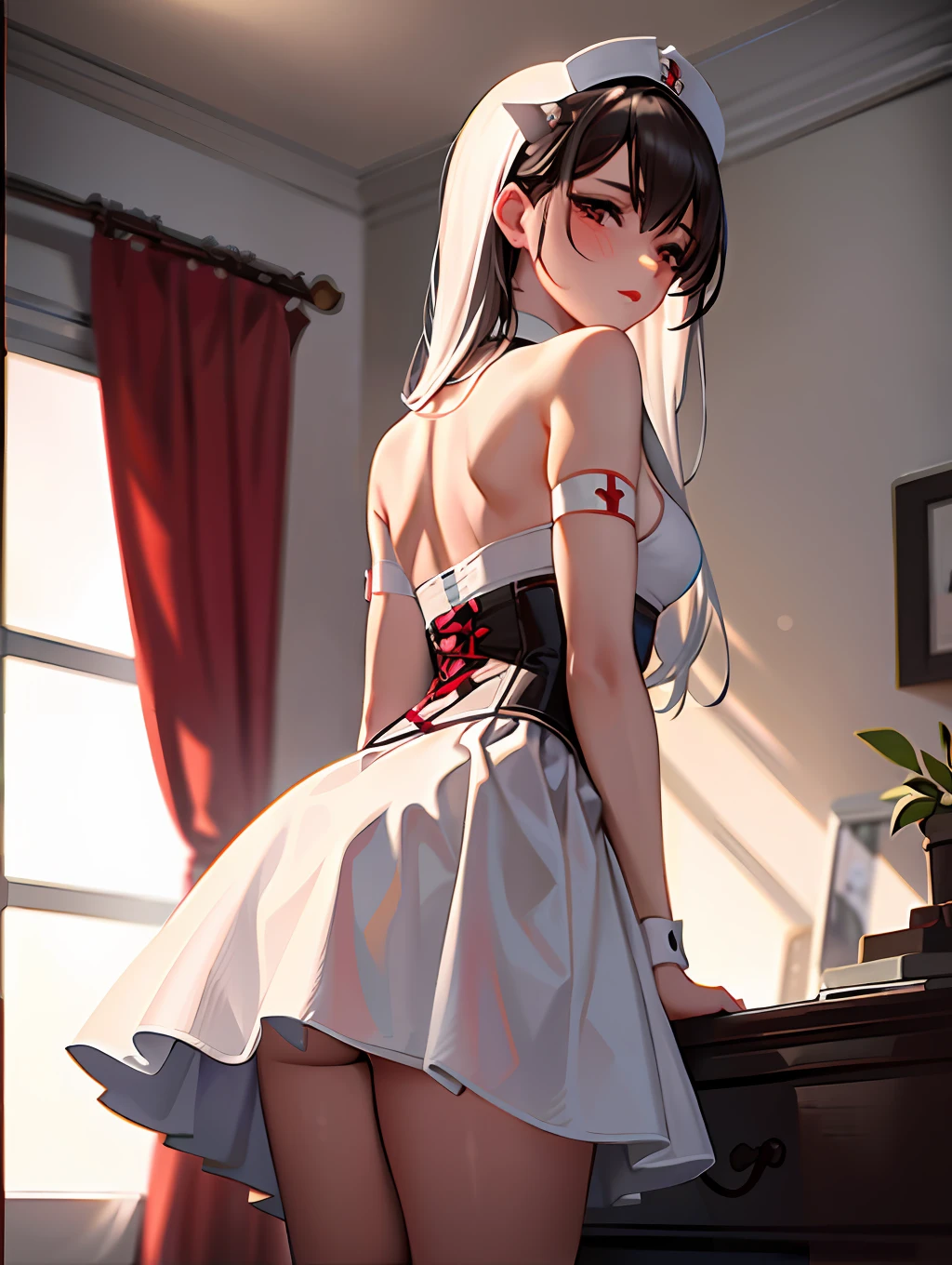 infirmary, curtains, 1girl, nurse, white dress, masterpiece, best best quality, masterpiece, (extremely delicate and beautiful:1.2), blurred background, looking at the viewer, 1girl, solo, fashi-girl, red lips, blush, bdsm, bodysuit, corset, shibari, handcuffs, collar, (suspension: 1.6), chest out, bound hands, hands behind the back, discreet, leaned forward, high detail