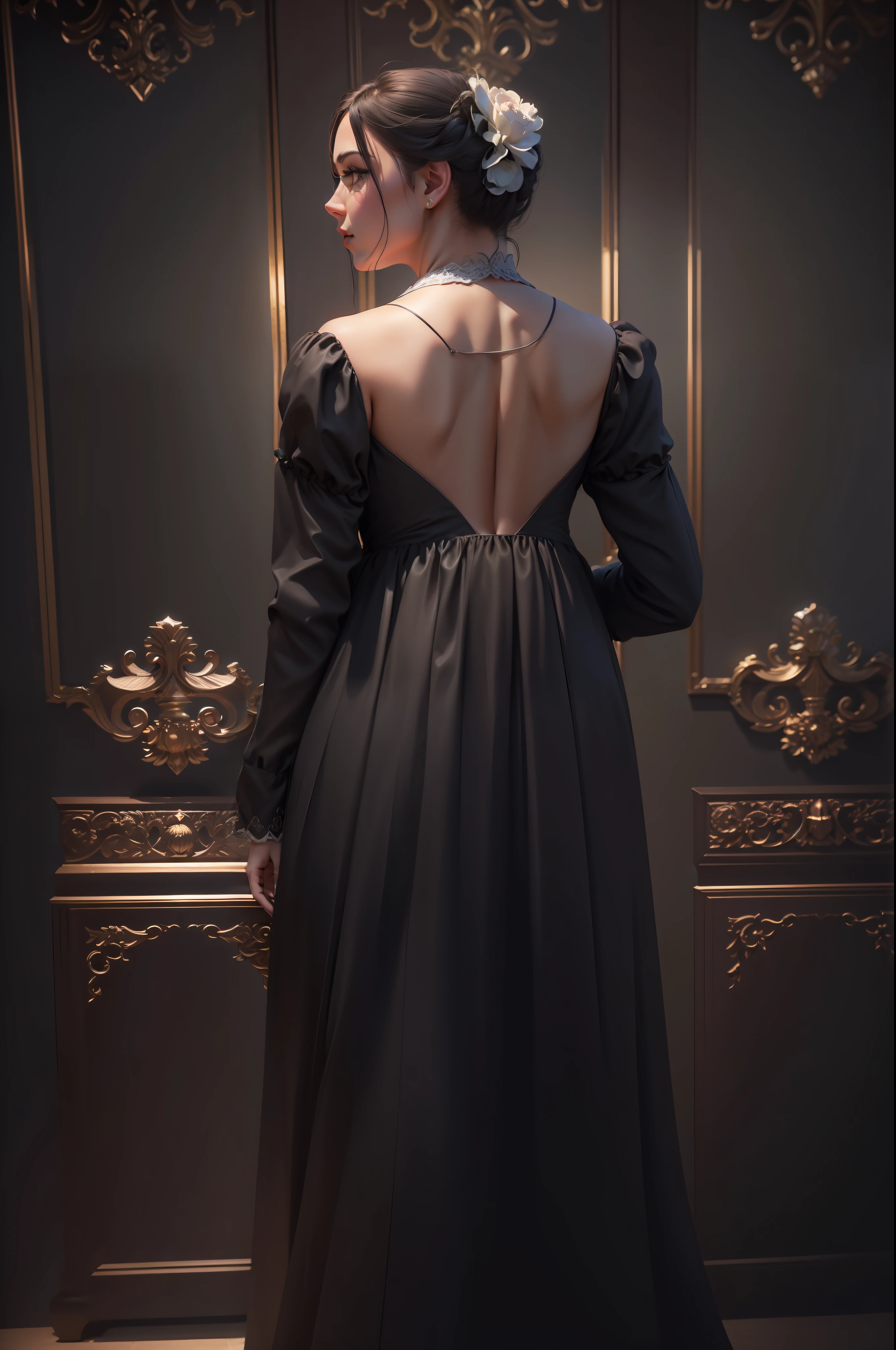 Increase the neckline of the dress on the back. (masterpiece) (perfect proportion) (realistic photo) (best quality) (detailed) photographed on a Canon EOS R5, 50mm lens, F/2.8, HDR, (8k) (wallpaper) (cinematic lighting) (dramatic lighting) (sharp focus) (intricate) --auto --s2