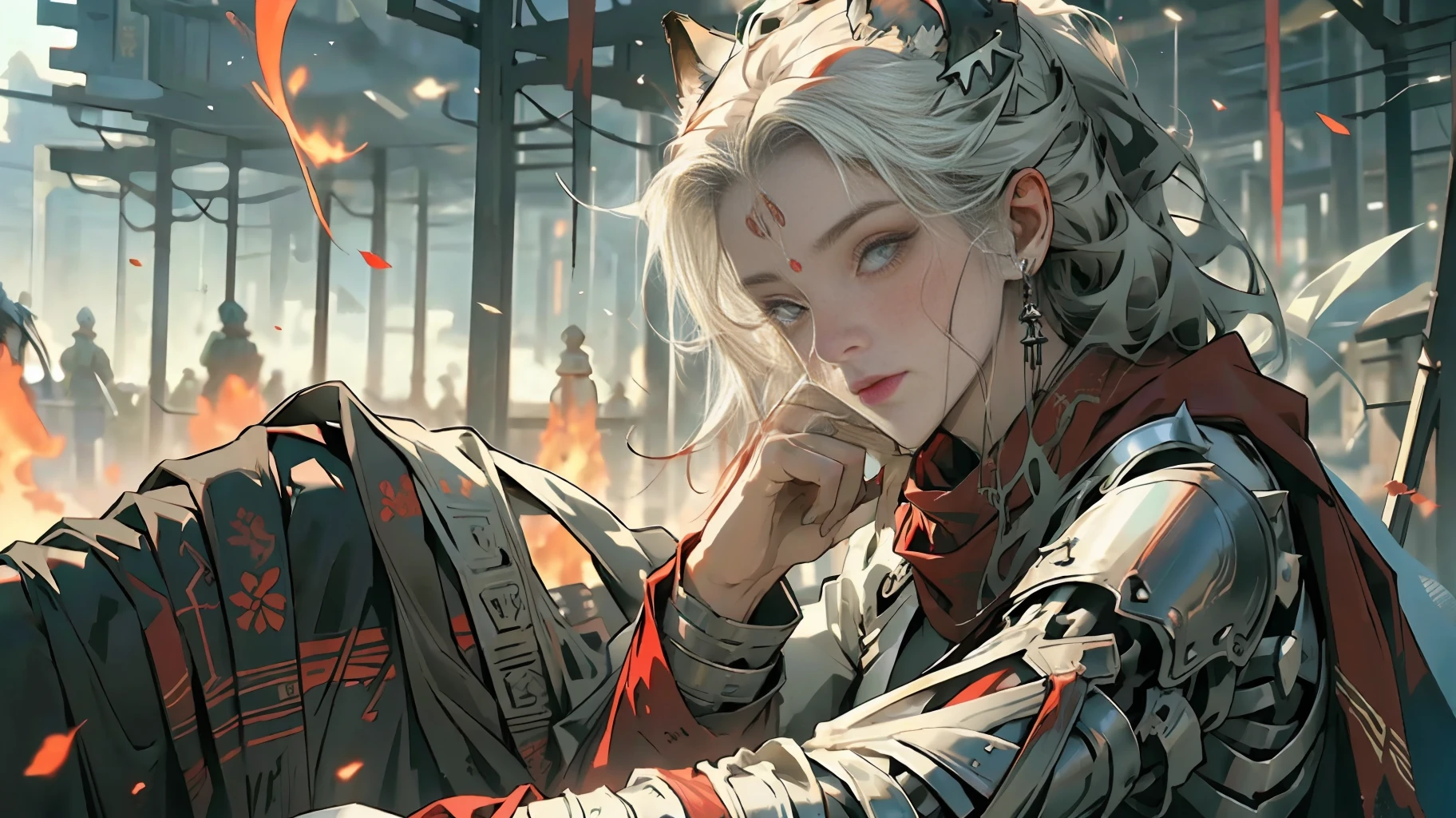 (Green + Red Flame: 1.5 + Complex Skeleton Armor: 0.8+ Armor: Wolf Skull Decoration on the Shoulder + Red Scarf Swaying in the Wind), (A Charming Girl + Delicate Facial Features + Red Glowing Eyes + Sit Down), Background Hell Scene, Both sides are full of skeleton undead soldiers, undispersed souls are flying all over the sky, 8K, high detail, the face is not blurred, normal human fingers, the whole body, the face is not white and ossified