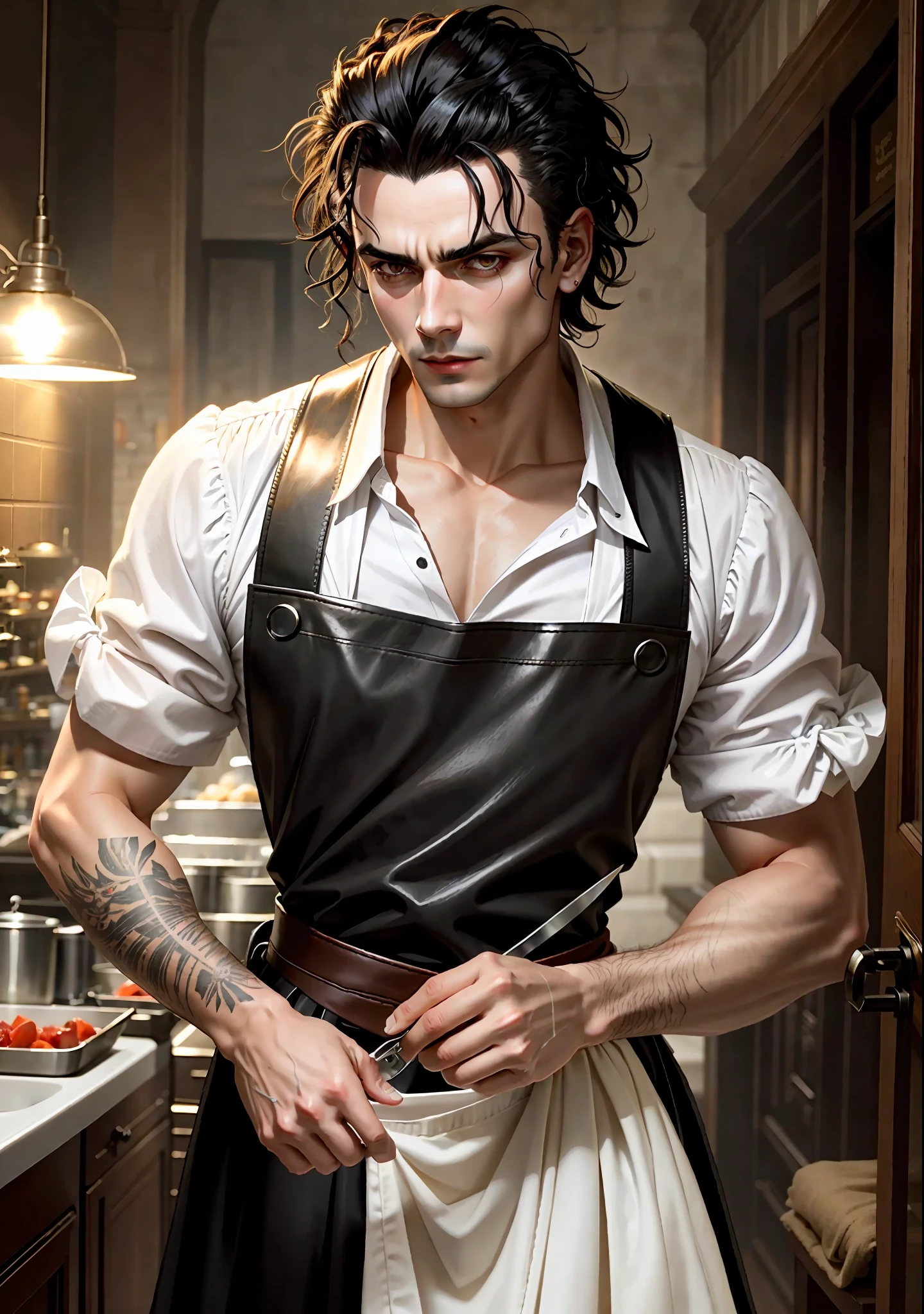 Sweeney Todd demon barber of fleet street (with black hair with white strands), wearing a brown leather apron