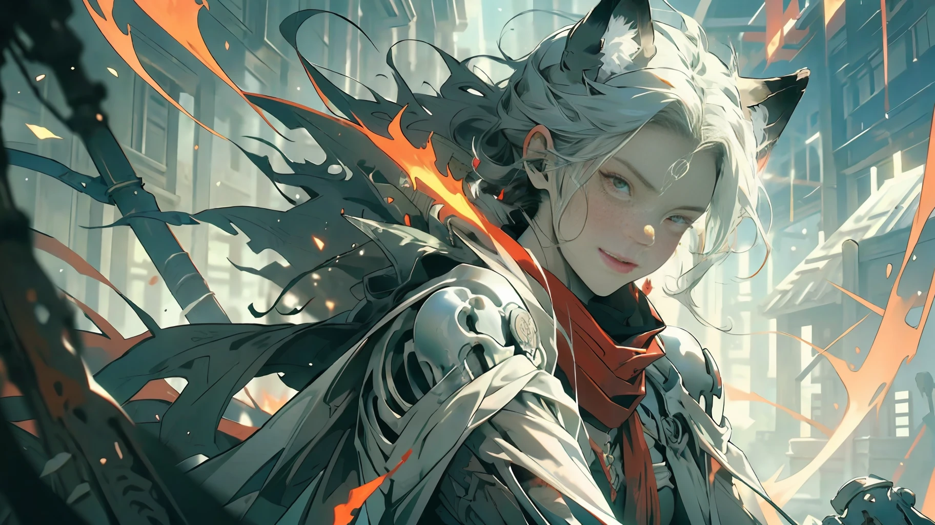 (Green + Red Flame: 1.5+ Complex Skeleton Armor: 0.8 + Shoulder Wolf Head Skeleton Decoration + Red Scarf Swaying in the Wind), (A Charming Girl + Delicate Facial Features + Red Glowing Eyes + Sit Down), Hell Scene, Both sides are full of skeleton undead soldiers, undispersed souls are flying all over the sky, 8K, high detail, face is not blurred, normal human fingers, whole body, face is not white and ossified