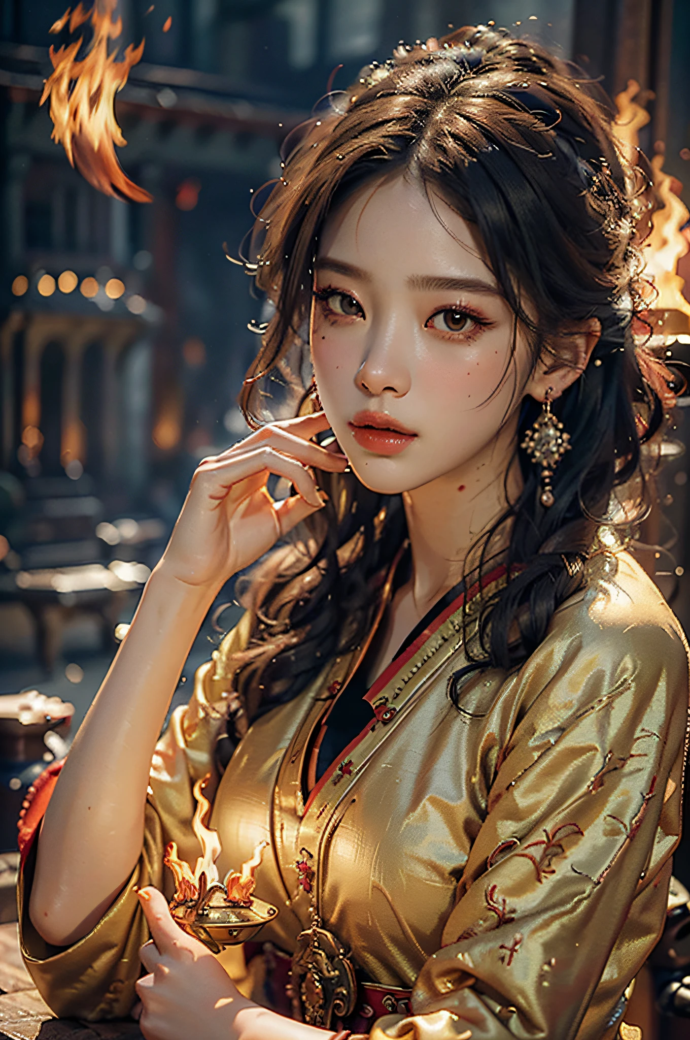 Best quality,masterpiece,ultra high res,(photorealistic:1.4)1girl,beautiful_face,detailed skin,full body,yuhuoshu,jewelry,solo,earrings,(fire:1.3),blurry,realistic,lips,