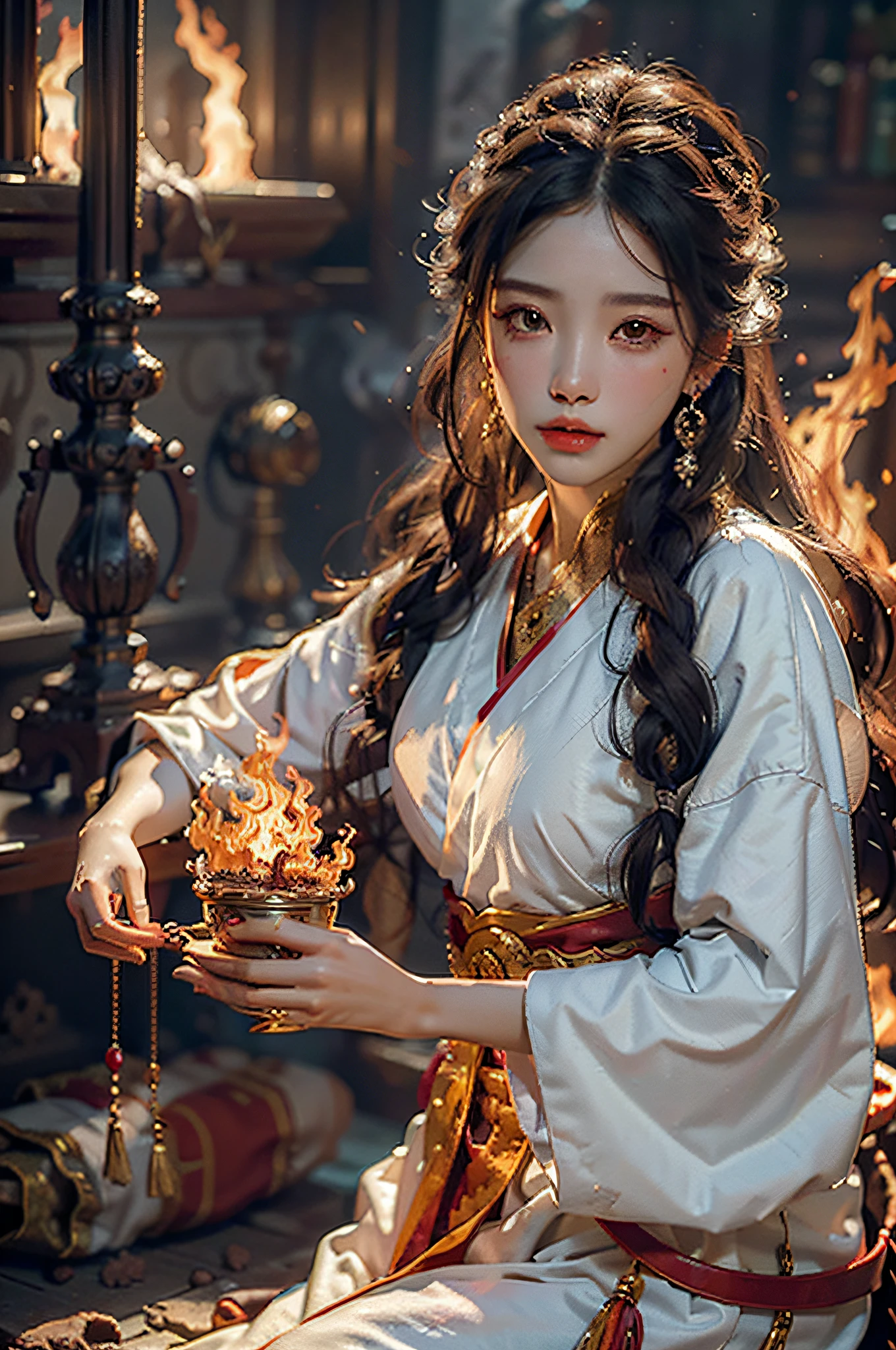 Best quality,masterpiece,ultra high res,(photorealistic:1.4)1girl,beautiful_face,detailed skin,full body,yuhuoshu,jewelry,solo,earrings,(fire:1.3),blurry,realistic,lips,