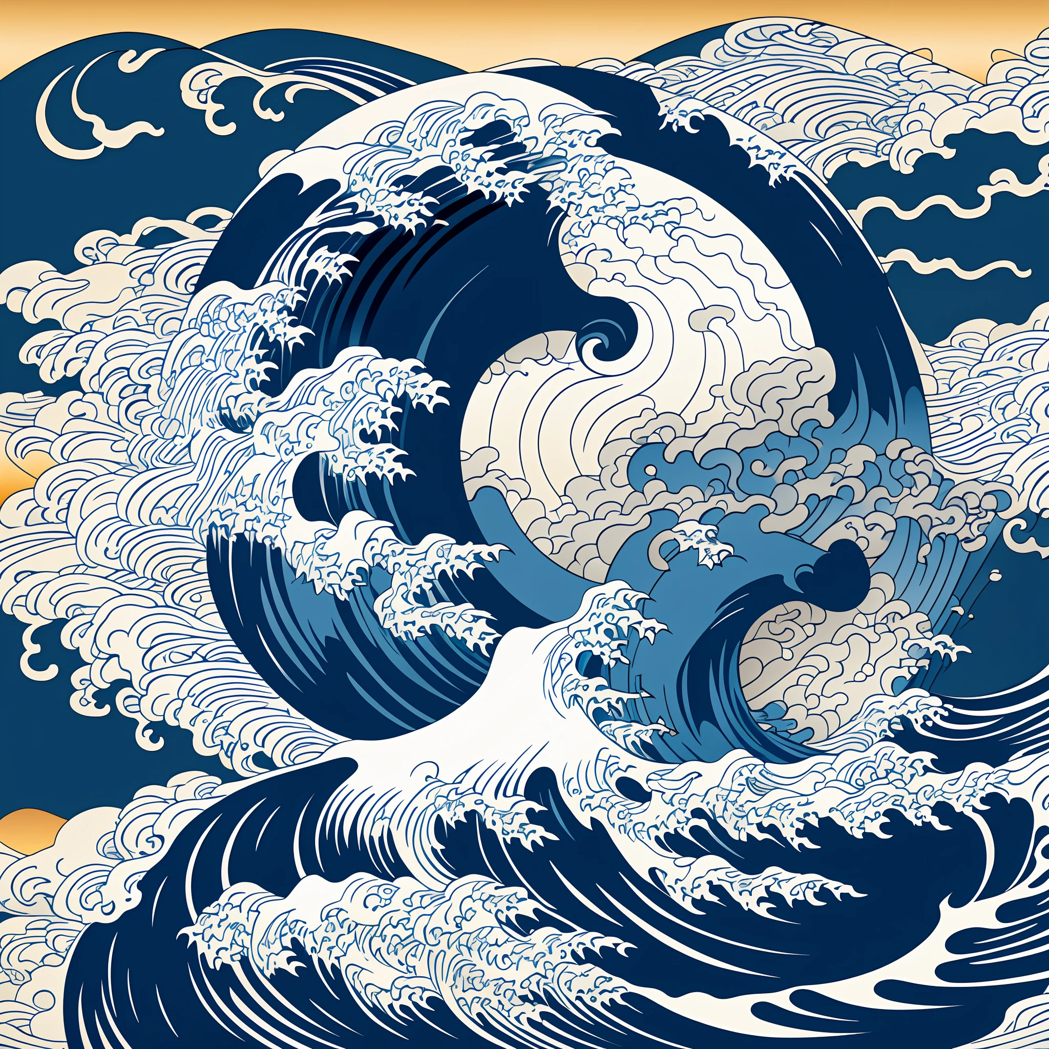 Katsushika Hokusai-style line art design, Hokusai-style dark blue rough wave pattern design. Ukiyo-e style in the highest quality, masterpiece high resolution. Artistic style, 1:1, ukiyo-e style, 3D vector art, Adobe Illustrator, 4K resolution, gorgeous backgrounds only