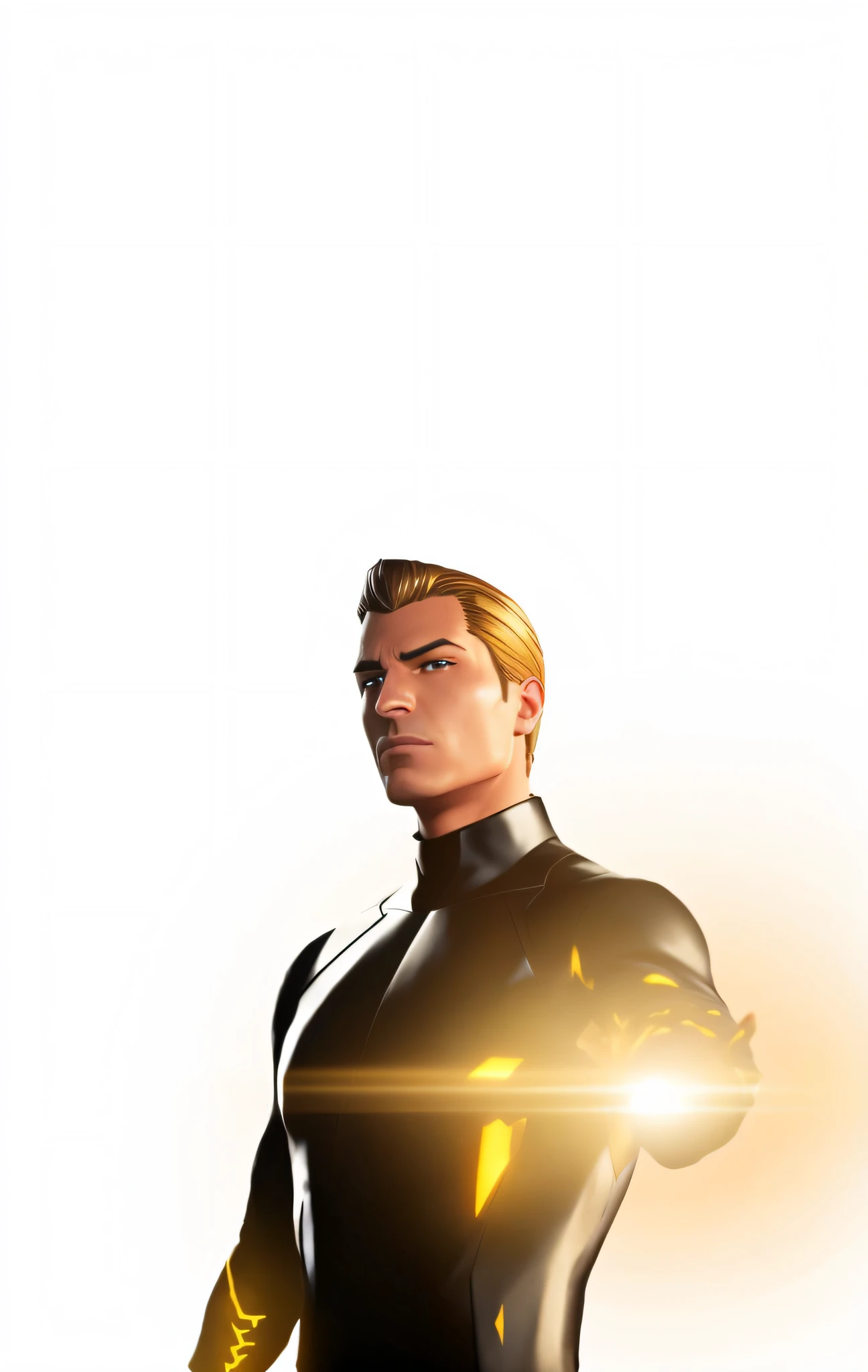 a close up of a person in a black suit with a yellow light, hq 4k phone wallpaper, fortnite character, key art, solid background, portrait of adam jensen, perfect crisp sunlight, human torch, phone wallpaper, phone background, fortnite skin, high detail iconic character, clean background, john park, textless, tor from marvel, epic smooth illustration --auto --s2