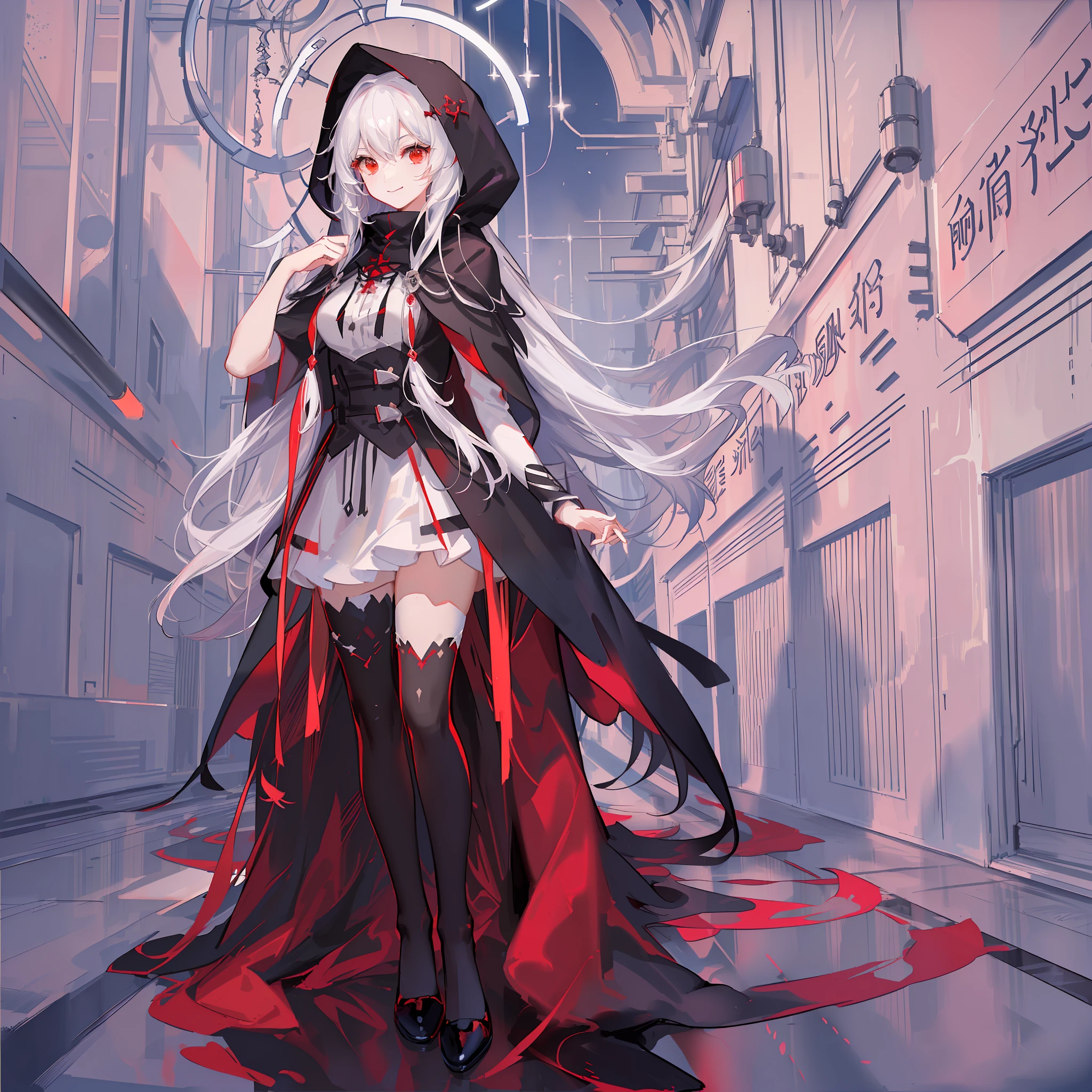 Maiden, white stockings, playful smile, round red thread striped road black robe, hood, cape, red eyes, long white hair, standing posture, full body, mage, holy girl