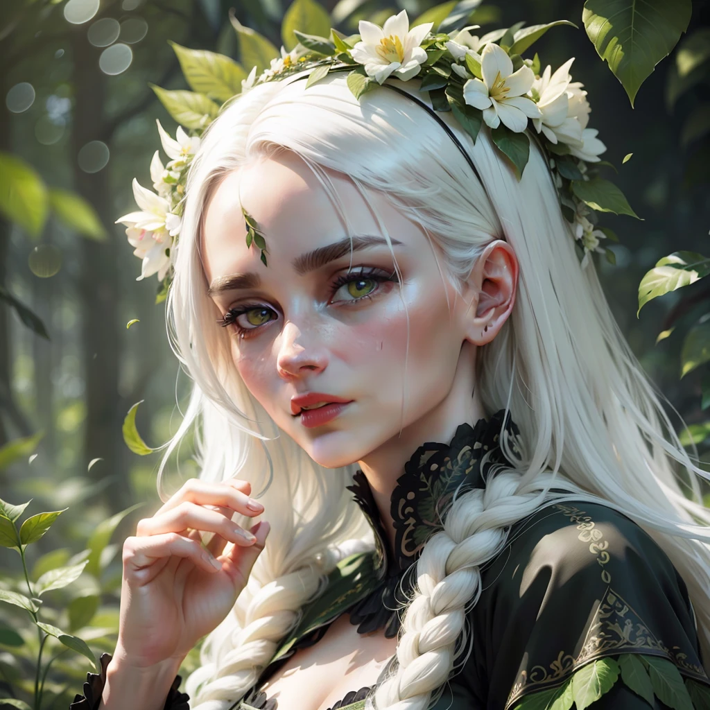 mother nature, beautiful and exotic, facial details, hands up, black eyes, wreath of leaves and flowers, green clothes, white hair, blurred nature background, naturalistic details, mega-realistic, UHD, vivid realism, vivid nature, 1080p , 32k, ultra mega realistic --auto --s2