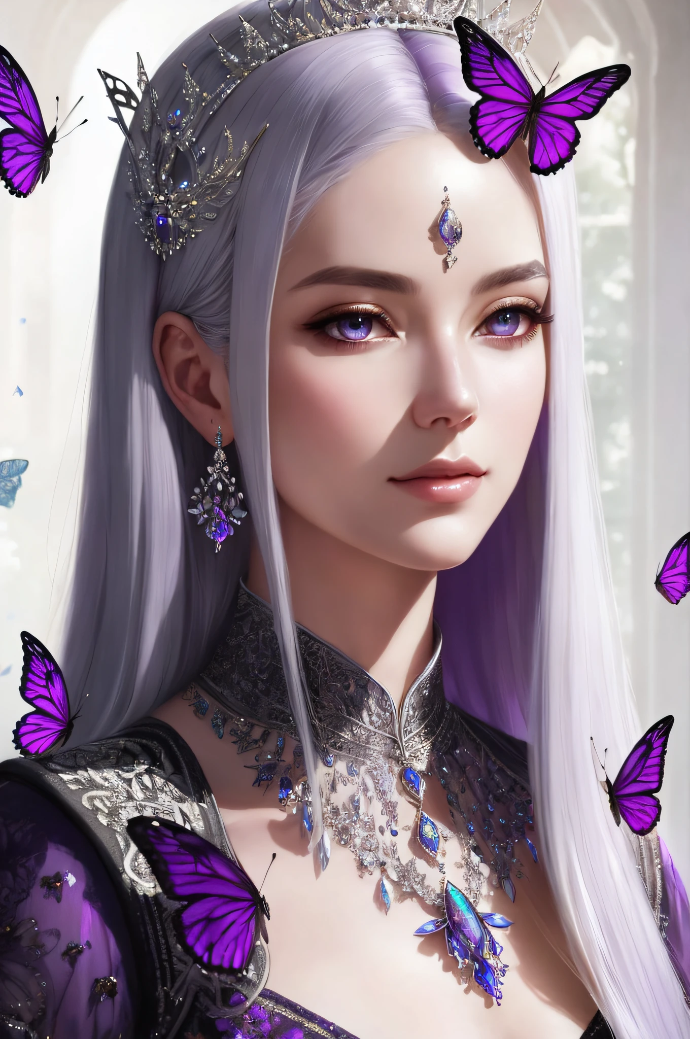 8k portrait of a beautiful queen with silver hair, intricate, elegant, highly detailed, majestic, digital photography, art by artgerm and ruan jia and greg rutkowski surreal painting of purple butterfly filigree, broken glass (masterpiece, side lighting, beautiful finely detailed eyes: 1.2), hdr